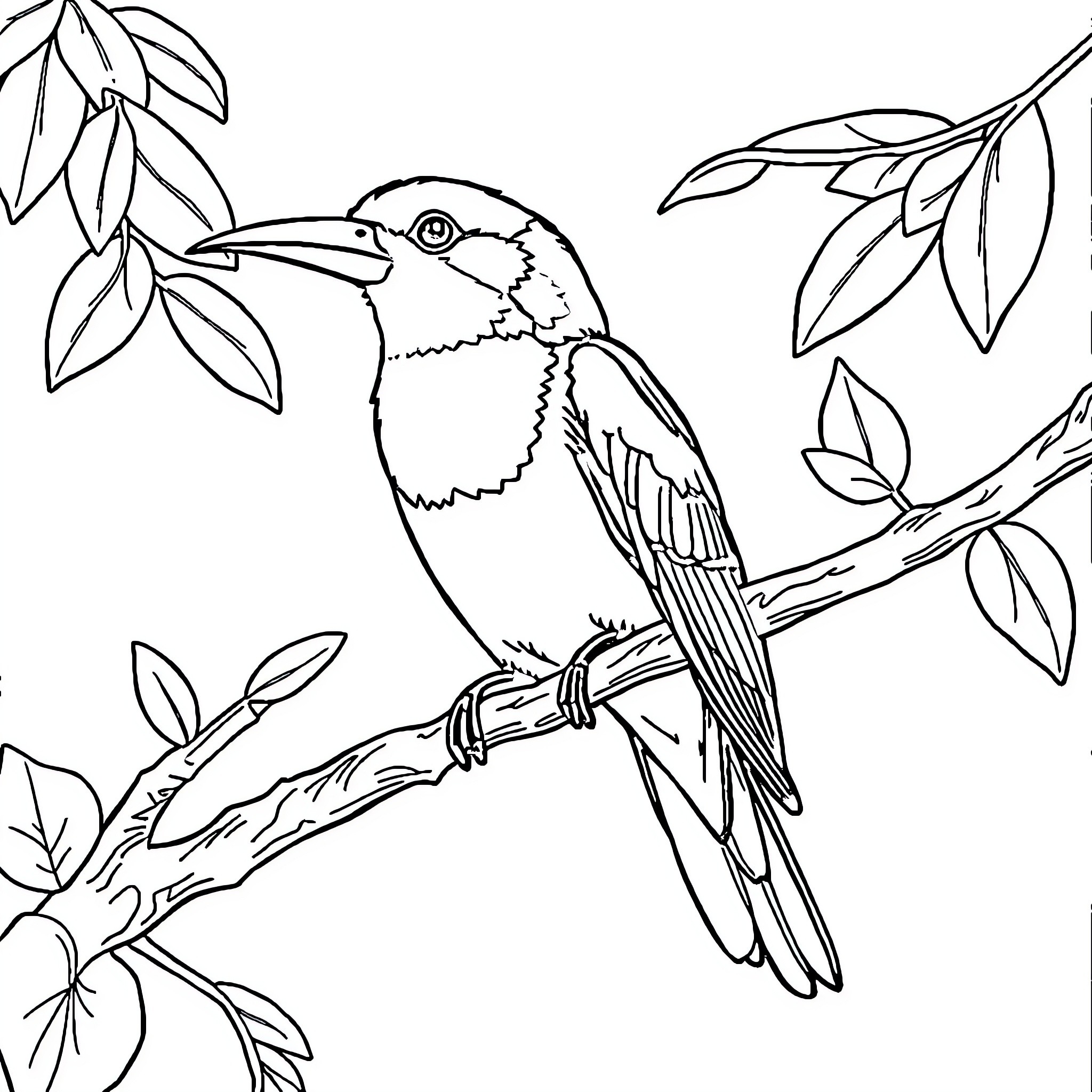 Animal perched on tree branch with leaves Coloring Page (free black-and-white line drawing printable PDF for all, from beginners to advanced learners, including children, teens, adults, and seniors)