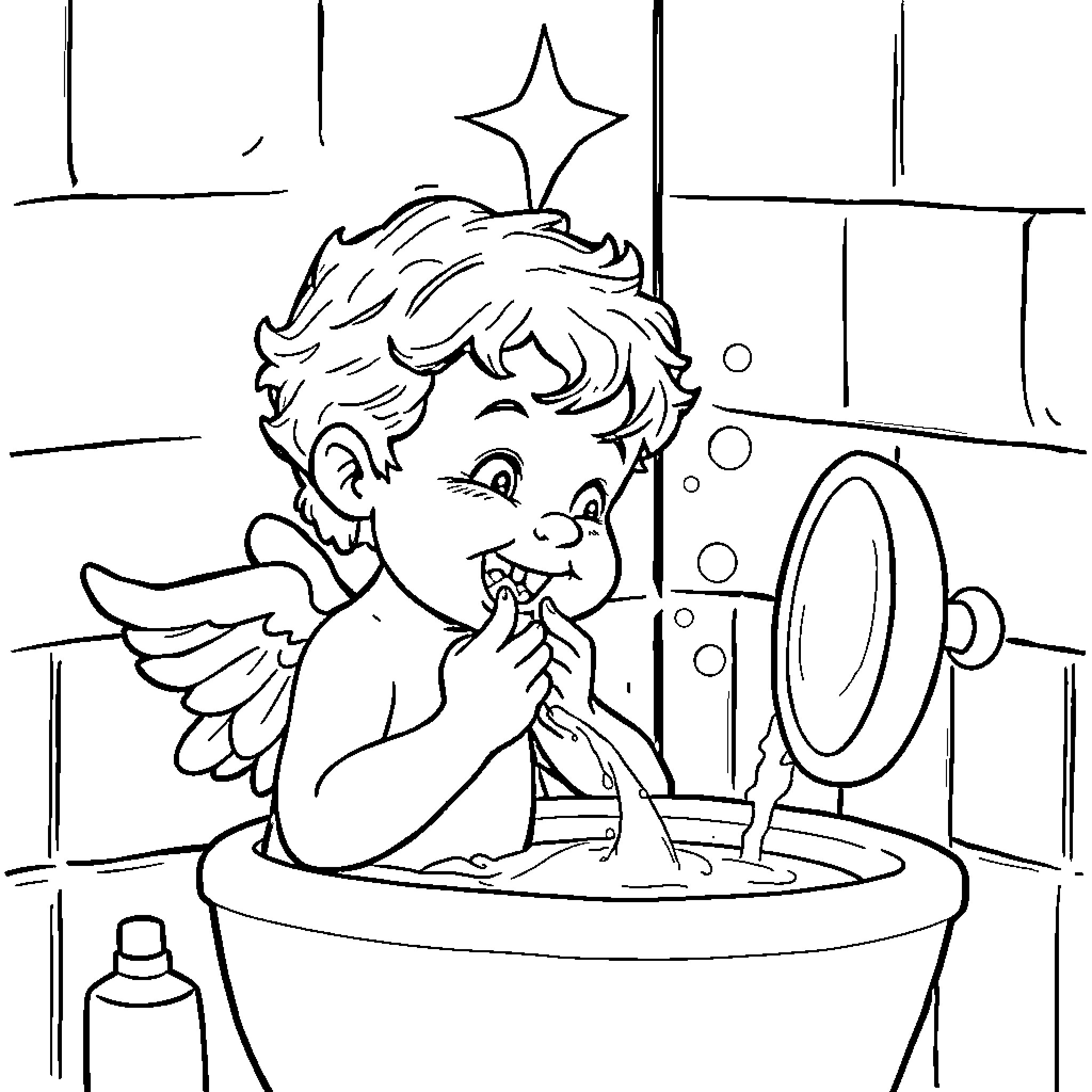 Bebé Juan playing happily in the bathtub Coloring Page (free black-and-white line drawing printable PDF for all, from beginners to advanced learners, including children, teens, adults, and seniors)