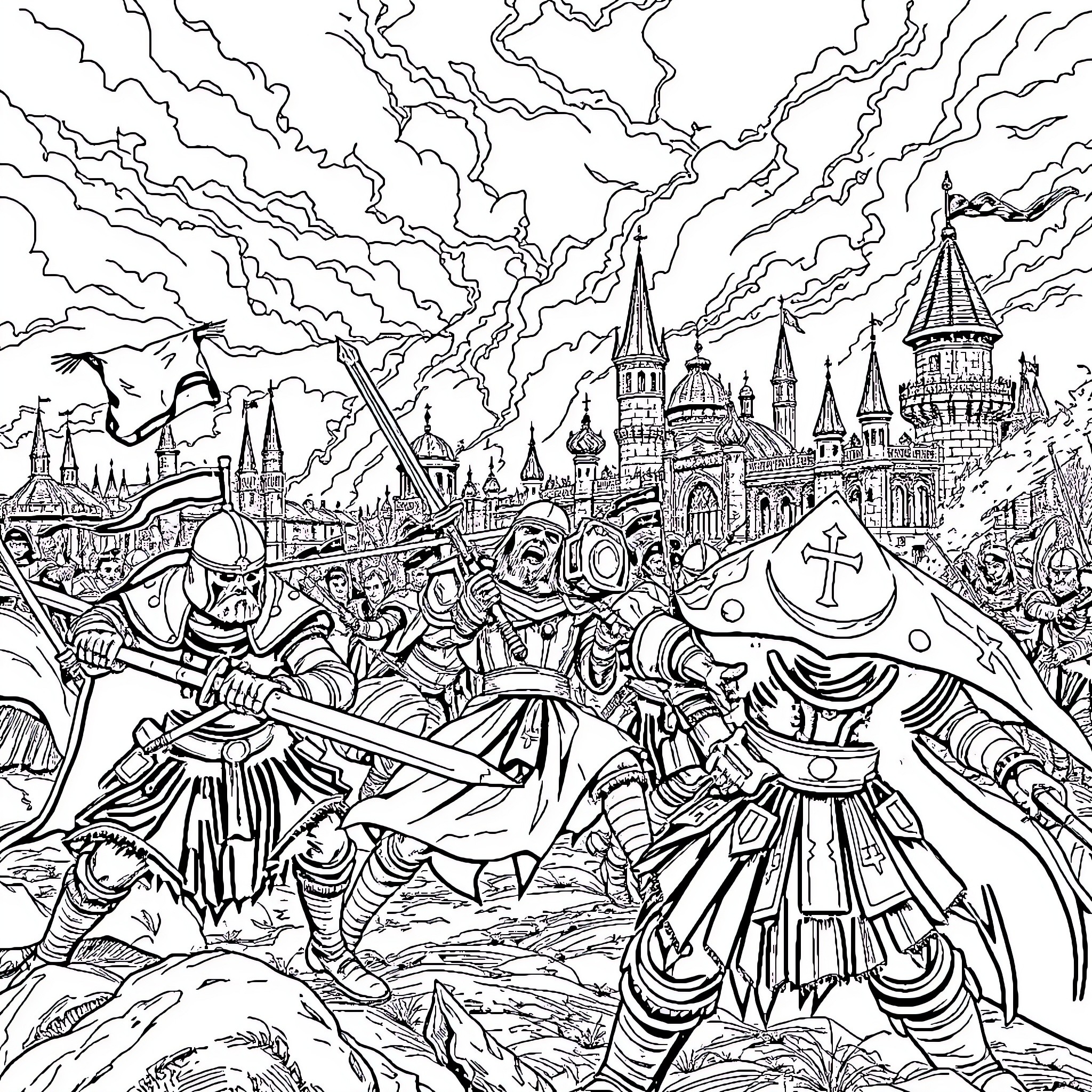 City of fantasy battle with knights and creatures Coloring Page (free black-and-white line drawing printable PDF for all, from beginners to advanced learners, including children, teens, adults, and seniors)