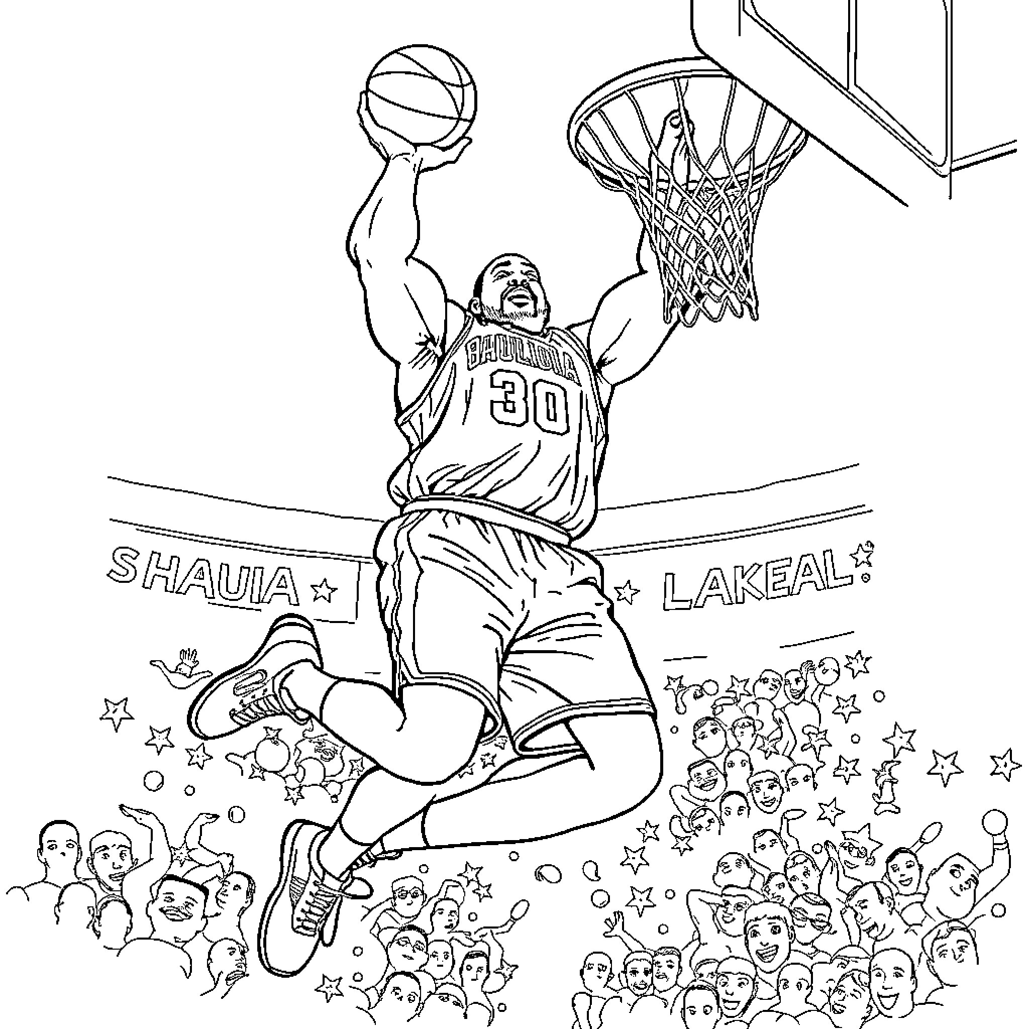Shaquille O'Neal performing a powerful dunk in a basketball game Coloring Page (free black-and-white line drawing printable PDF for all, from beginners to advanced learners, including children, teens, adults, and seniors)