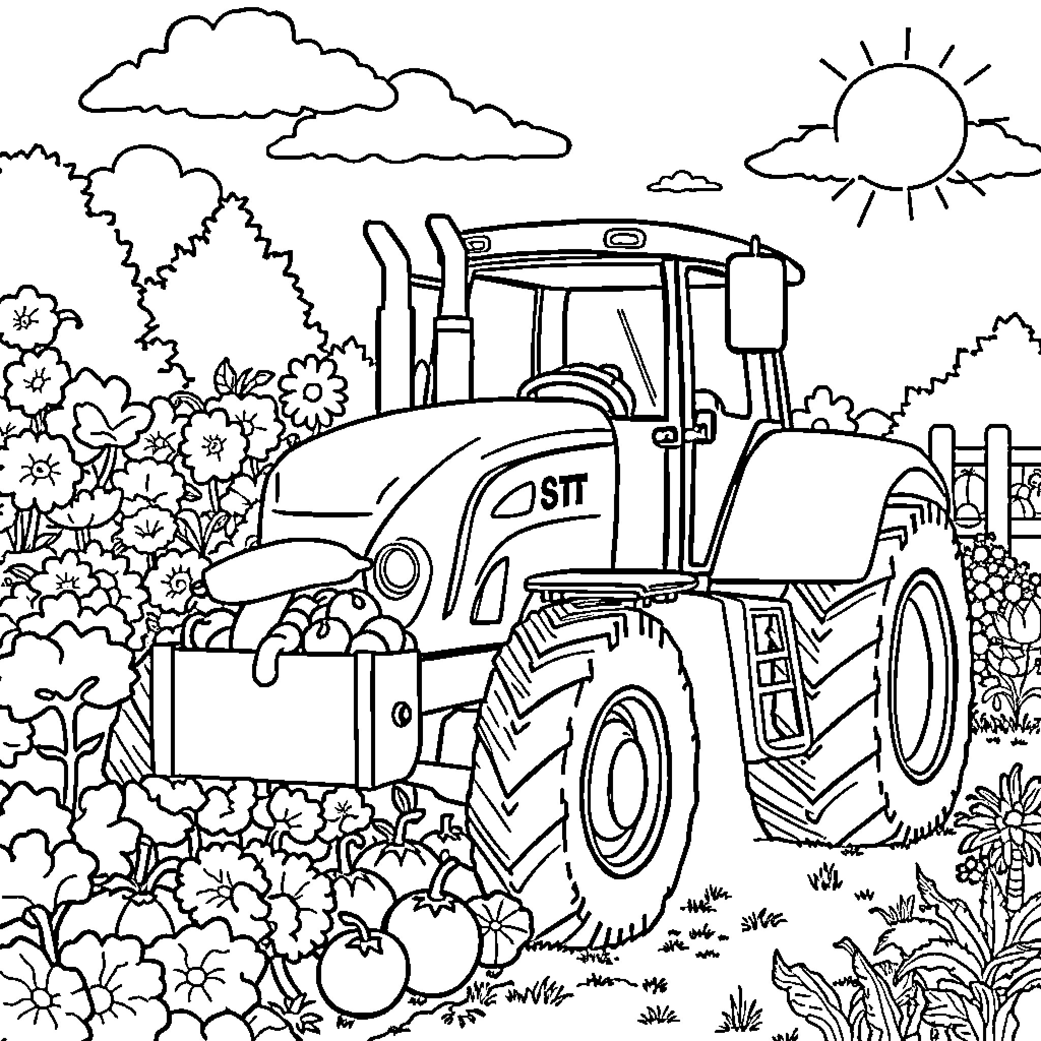 Tractor working in a garden with flowers and nature Coloring Page (free black-and-white line drawing printable PDF for all, from beginners to advanced learners, including children, teens, adults, and seniors)