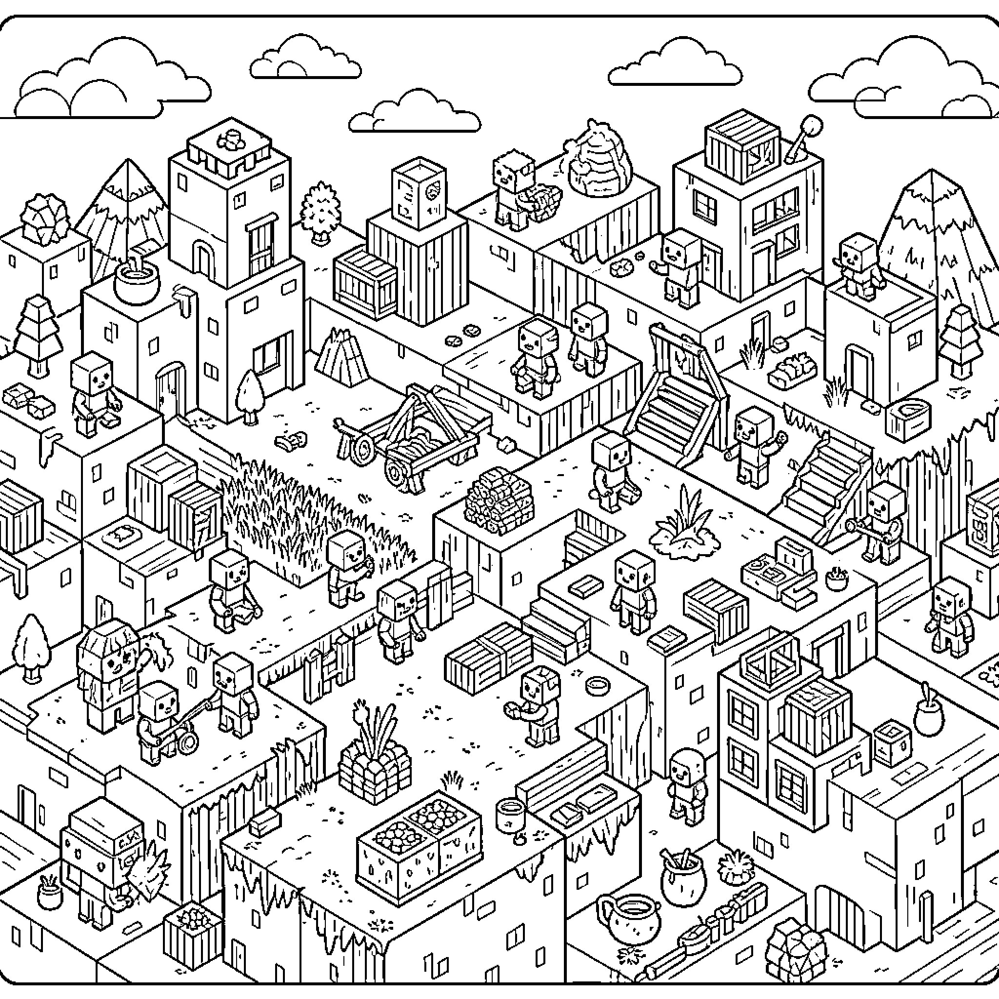 Minecraft characters exploring a bustling village landscape Coloring Page (free black-and-white line drawing printable PDF for all, from beginners to advanced learners, including children, teens, adults, and seniors)