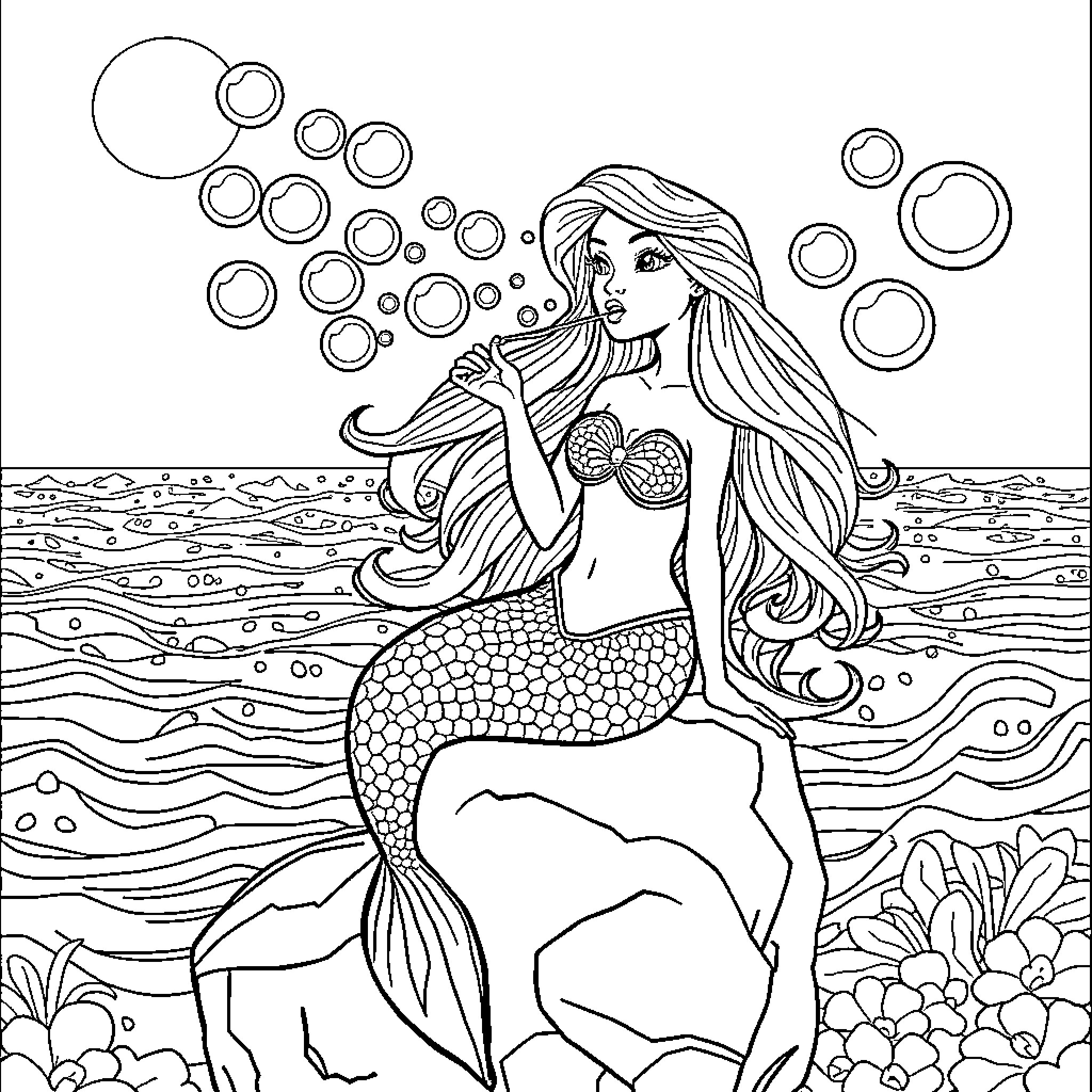 Mermaid enchanted by bubbles in the sea Coloring Page (free black-and-white line drawing printable PDF for all, from beginners to advanced learners, including children, teens, adults, and seniors)