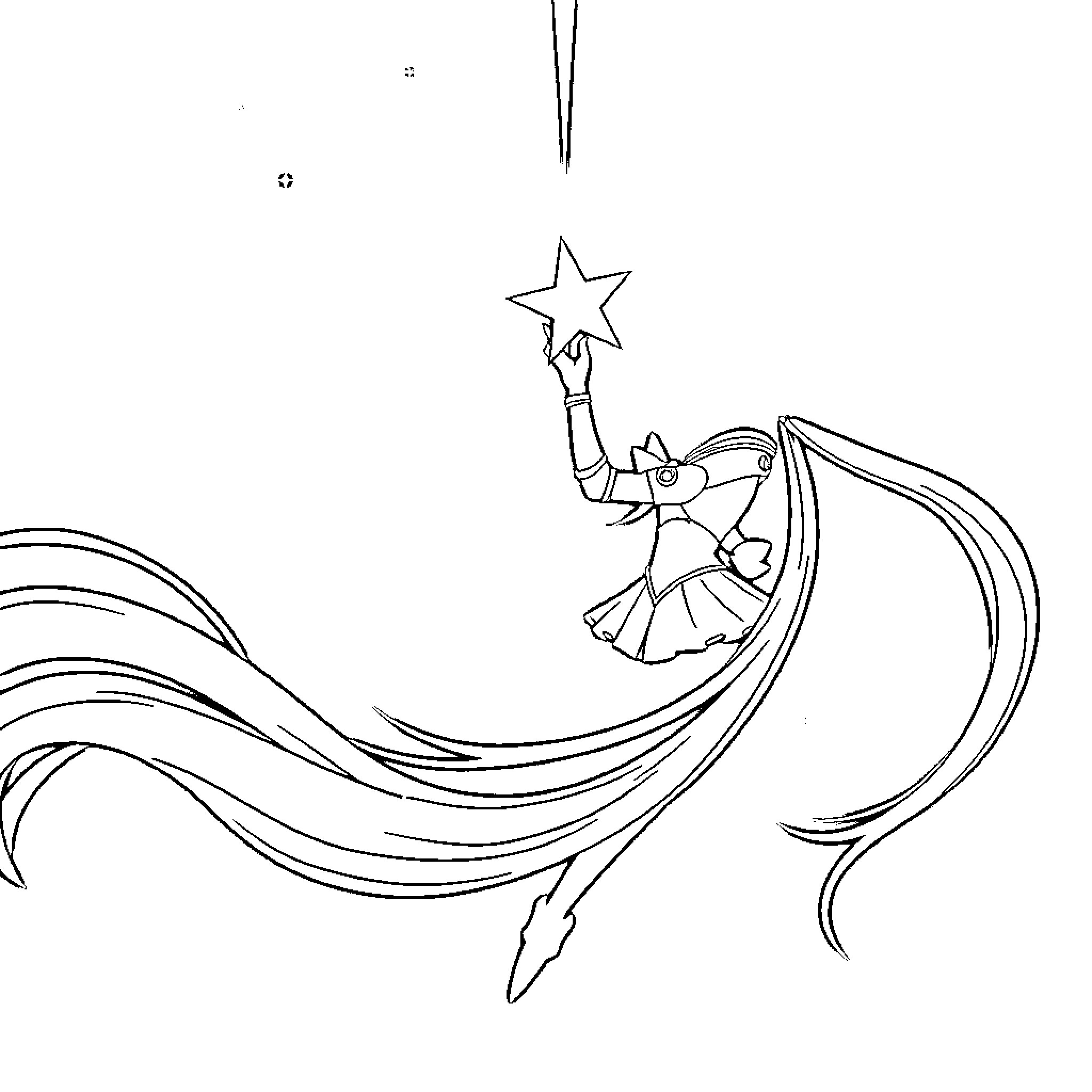 Sailor Moon transforming with magical staff Coloring Page (free black-and-white line drawing printable PDF for all, from beginners to advanced learners, including children, teens, adults, and seniors)