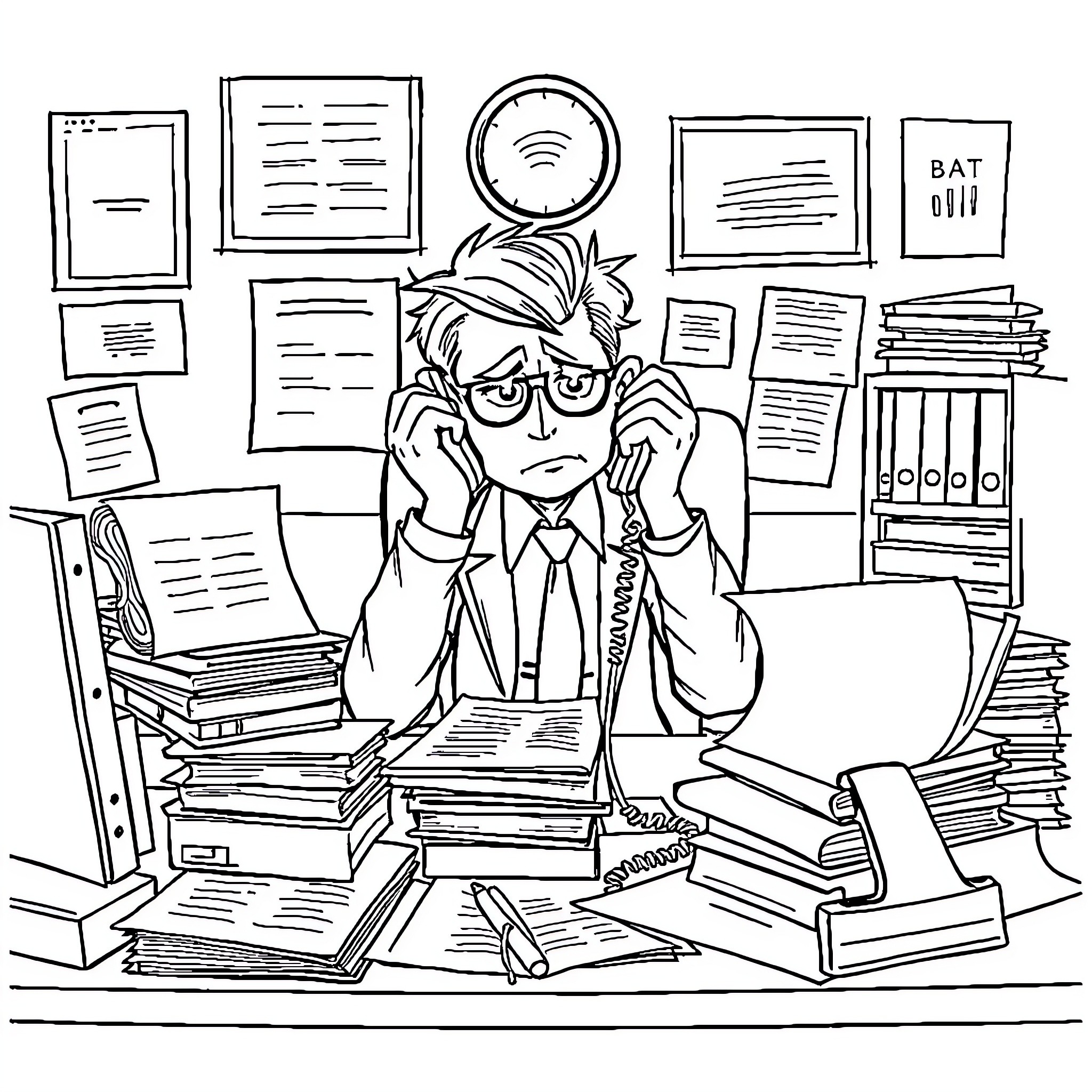 Real Estate Agent Overwhelmed by Paperwork in Office Coloring Page (free black-and-white line drawing printable PDF for all, from beginners to advanced learners, including children, teens, adults, and seniors)