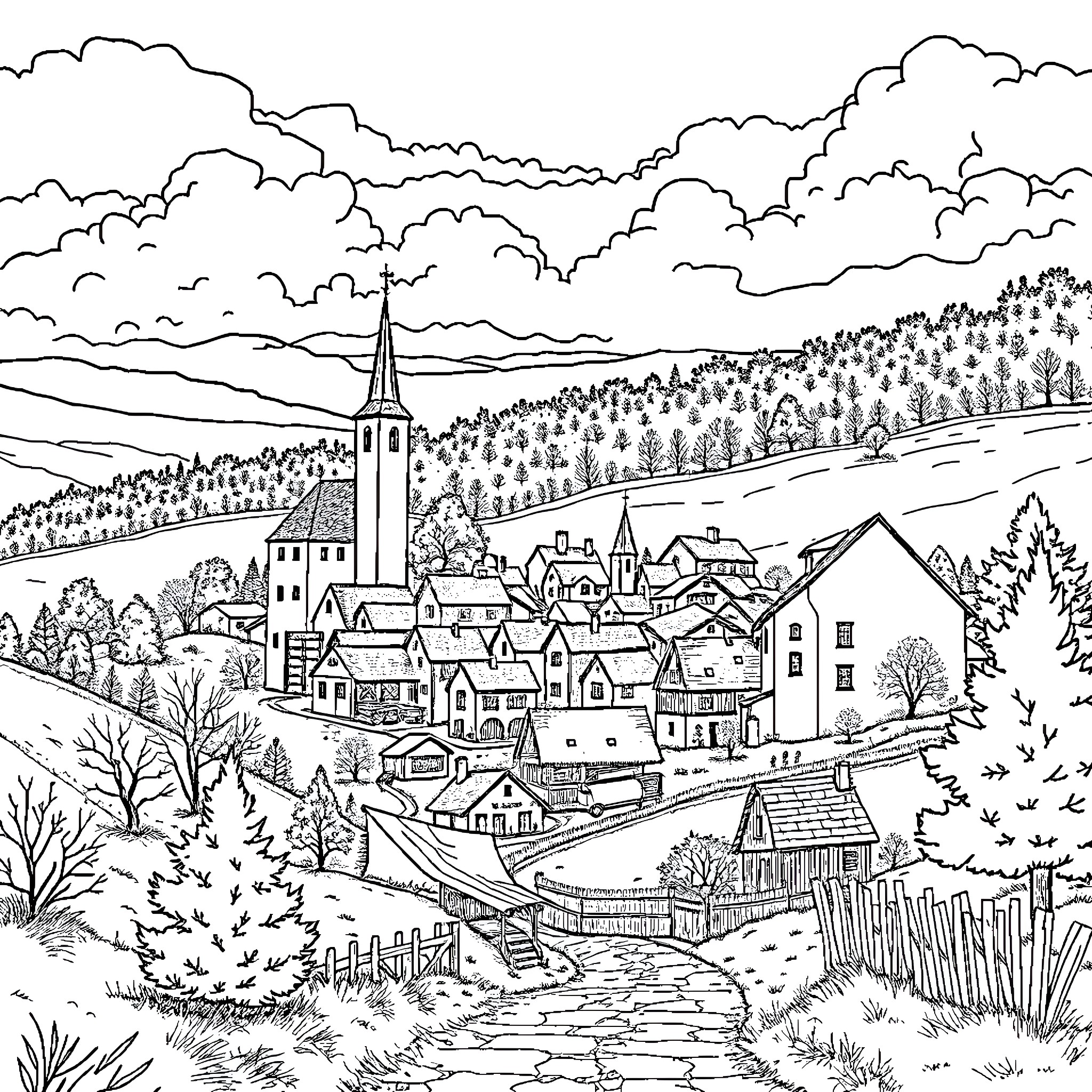 Bařice-Velké Těšany: A Quaint Village Nestled in the Hills Coloring Page (free black-and-white line drawing printable PDF for all, from beginners to advanced learners, including children, teens, adults, and seniors)