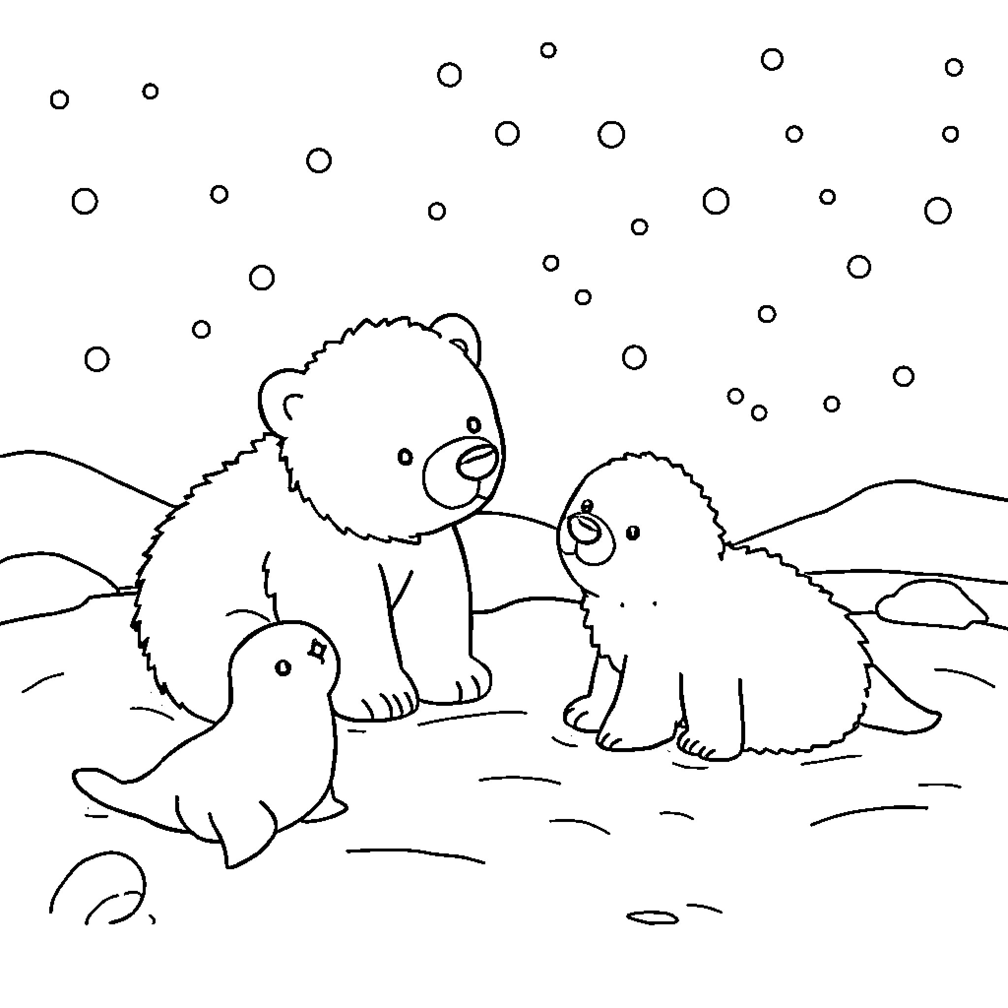 Arctic Animals in Snowy Landscape Coloring Page (free black-and-white line drawing printable PDF for all, from beginners to advanced learners, including children, teens, adults, and seniors)