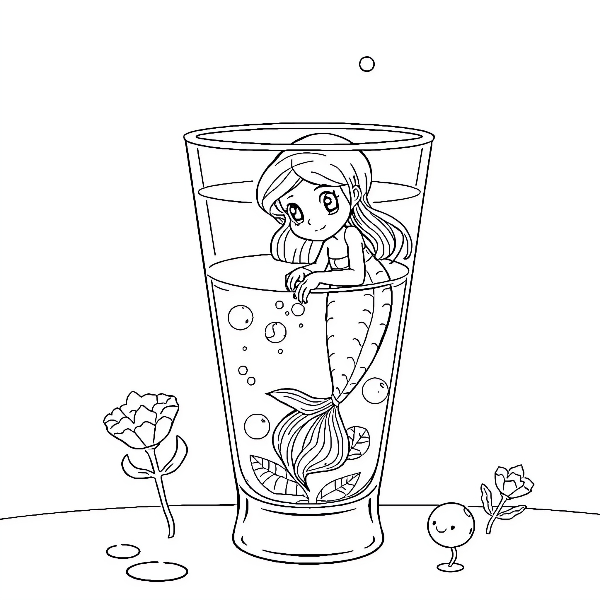 Mermaid captured in a glass vessel Coloring Page (free black-and-white line drawing printable PDF for all, from beginners to advanced learners, including children, teens, adults, and seniors)