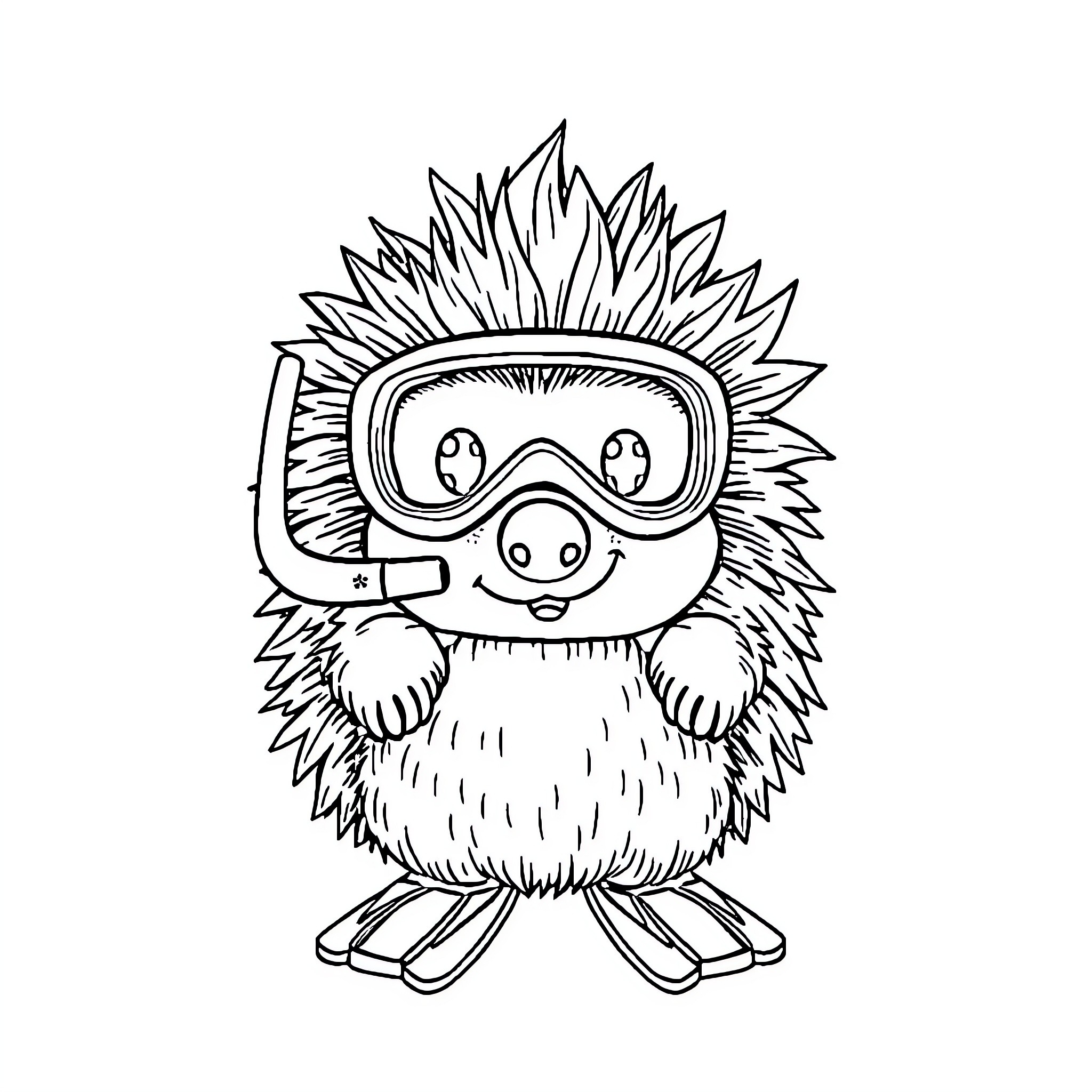 Hedgehog snorkeling with enthusiasm Coloring Page (free black-and-white line drawing printable PDF for all, from beginners to advanced learners, including children, teens, adults, and seniors)