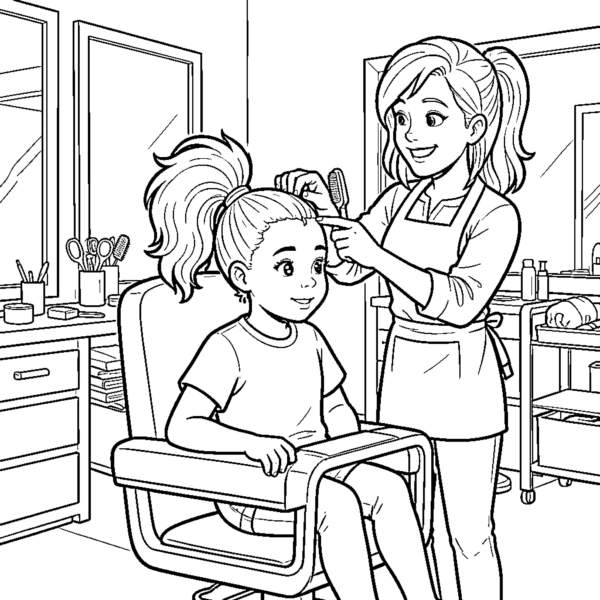 Girl getting her hair styled at a salon Coloring Page (free black-and-white line drawing printable PDF for all, from beginners to advanced learners, including children, teens, adults, and seniors)
