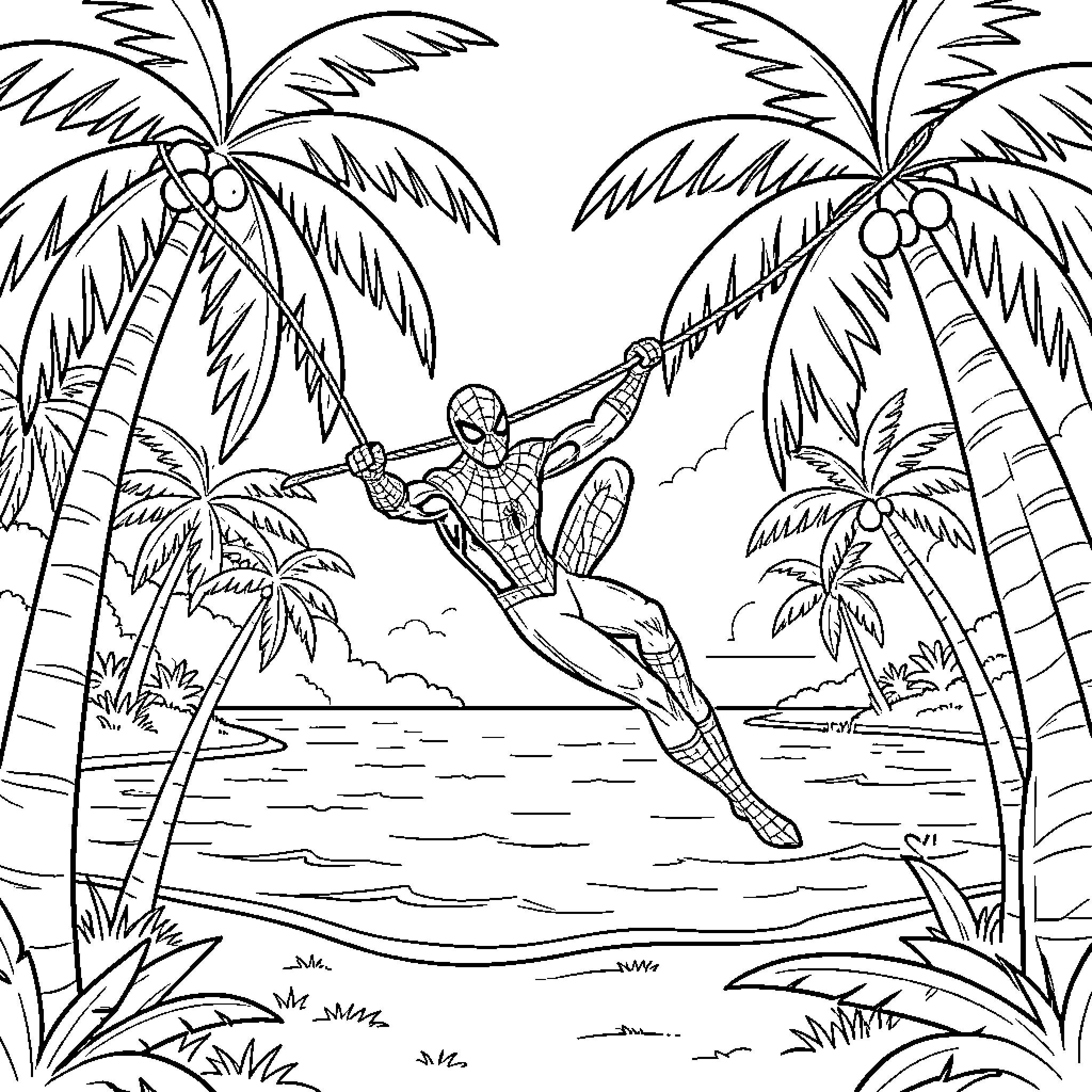 Spiderman swinging on a vine through tropical palm trees Coloring Page (free black-and-white line drawing printable PDF for all, from beginners to advanced learners, including children, teens, adults, and seniors)