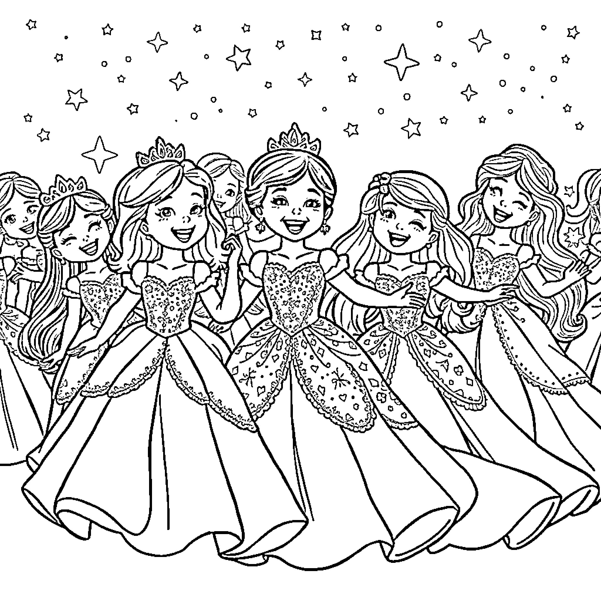 Princess fairy-tale friends celebrate together Coloring Page (free black-and-white line drawing printable PDF for all, from beginners to advanced learners, including children, teens, adults, and seniors)