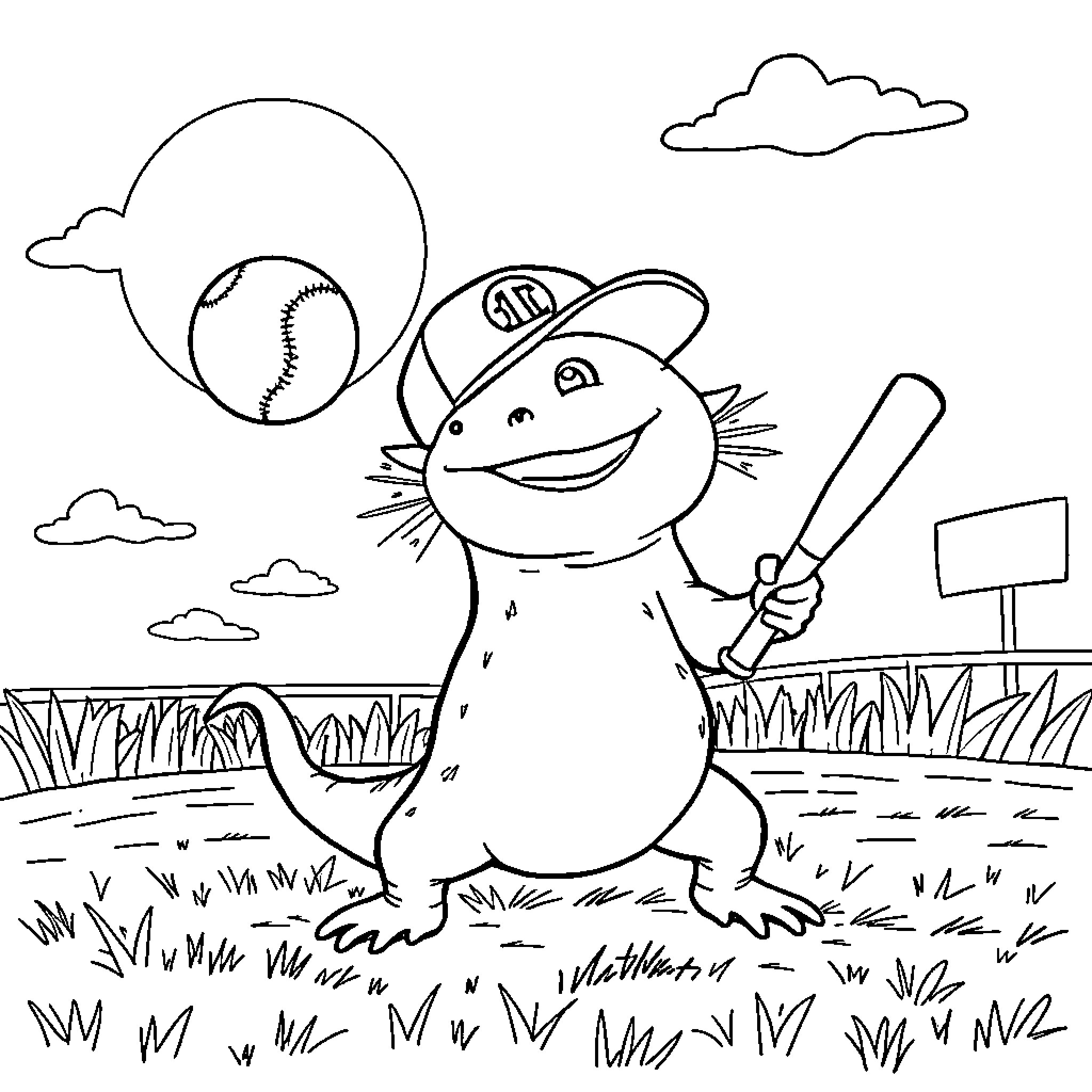 Axolotl playing baseball on a sunny day Coloring Page (free black-and-white line drawing printable PDF for all, from beginners to advanced learners, including children, teens, adults, and seniors)