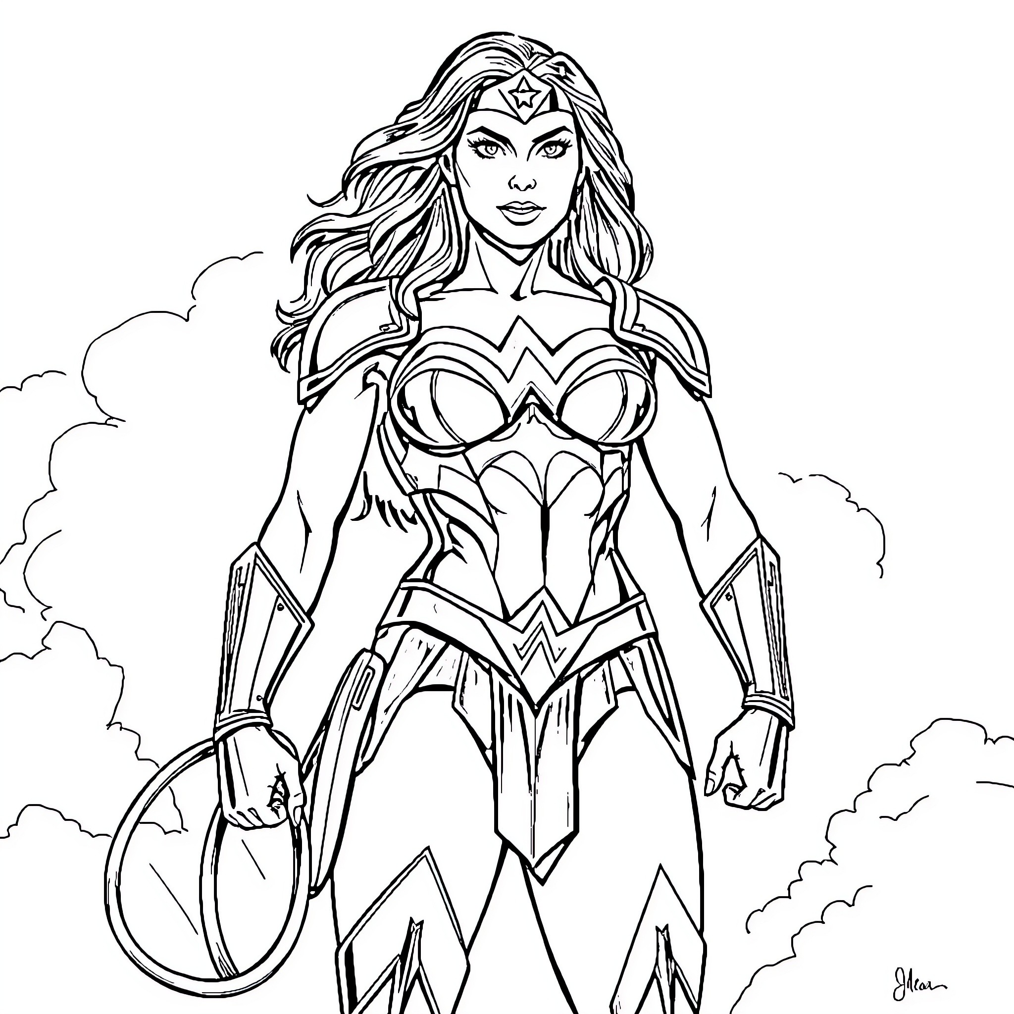 Wonder Woman in heroic stance with iconic costume Coloring Page (free black-and-white line drawing printable PDF for all, from beginners to advanced learners, including children, teens, adults, and seniors)