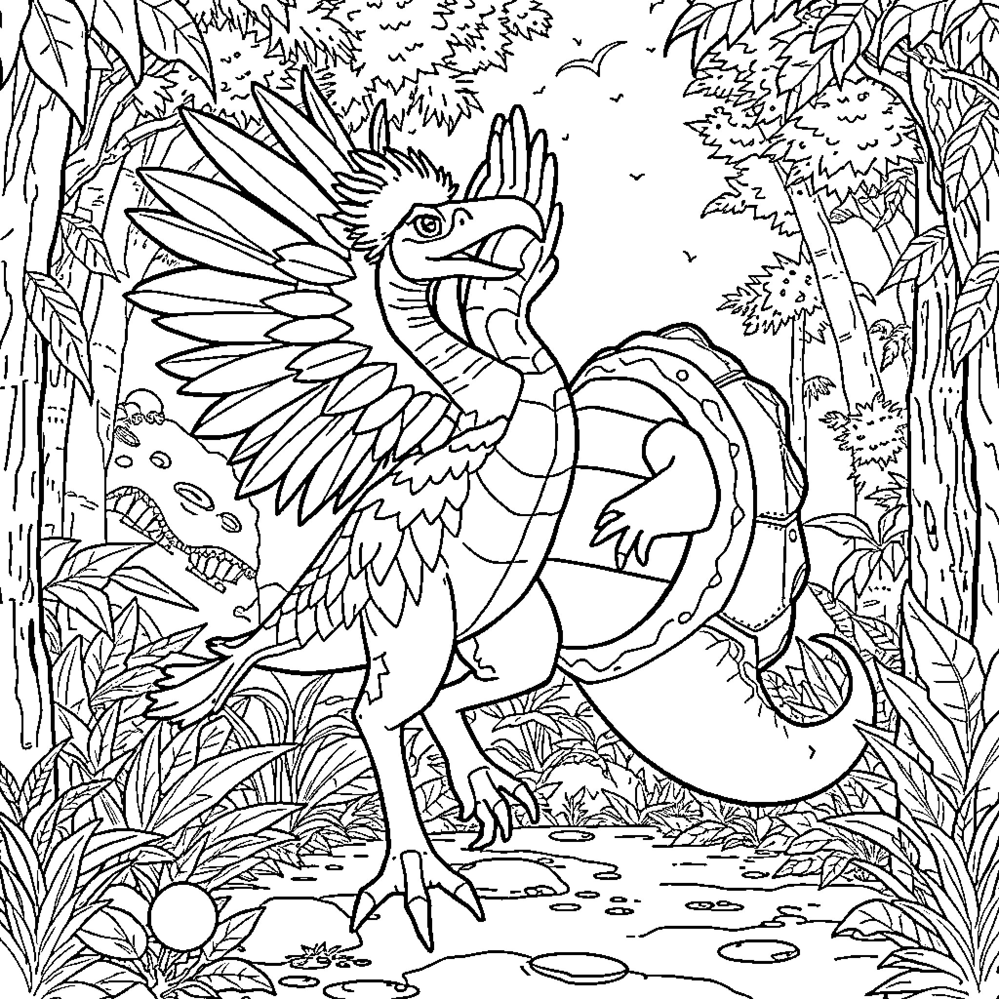 Quetzalcoatlus soaring through the jungle landscape Coloring Page (free black-and-white line drawing printable PDF for all, from beginners to advanced learners, including children, teens, adults, and seniors)