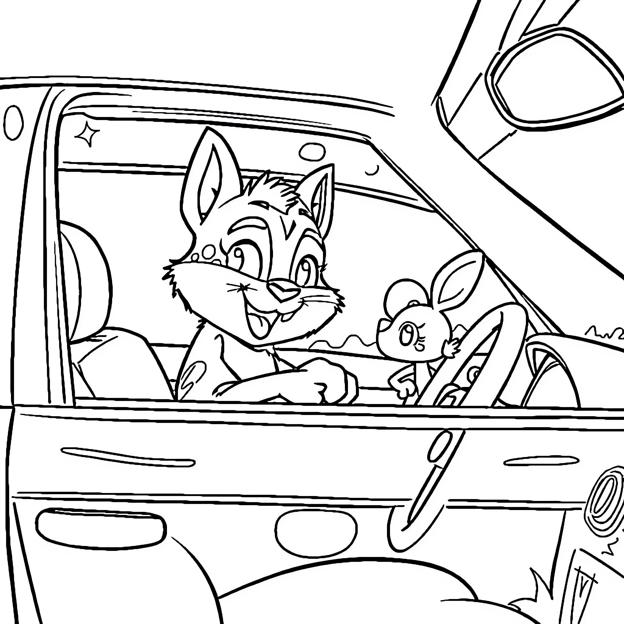 Chattermax's Joyful Ride with Animal Friends Coloring Page (free black-and-white line drawing printable PDF for all, from beginners to advanced learners, including children, teens, adults, and seniors)