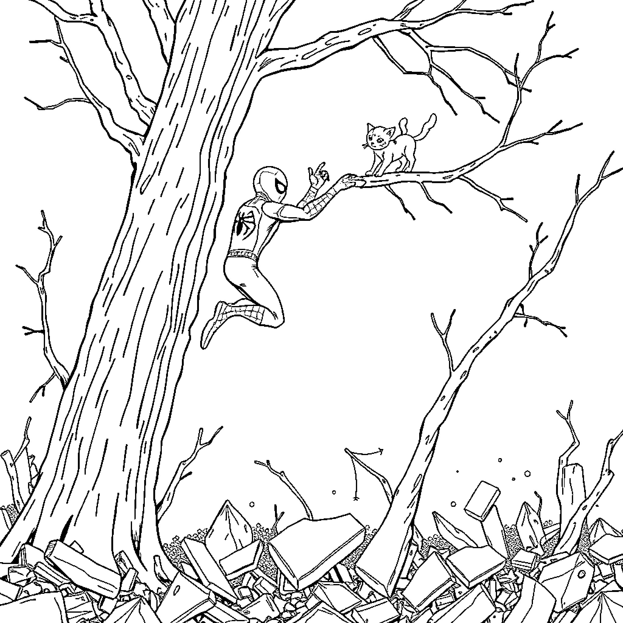 Spiderman swinging through a broken and damaged city Coloring Page (free black-and-white line drawing printable PDF for all, from beginners to advanced learners, including children, teens, adults, and seniors)