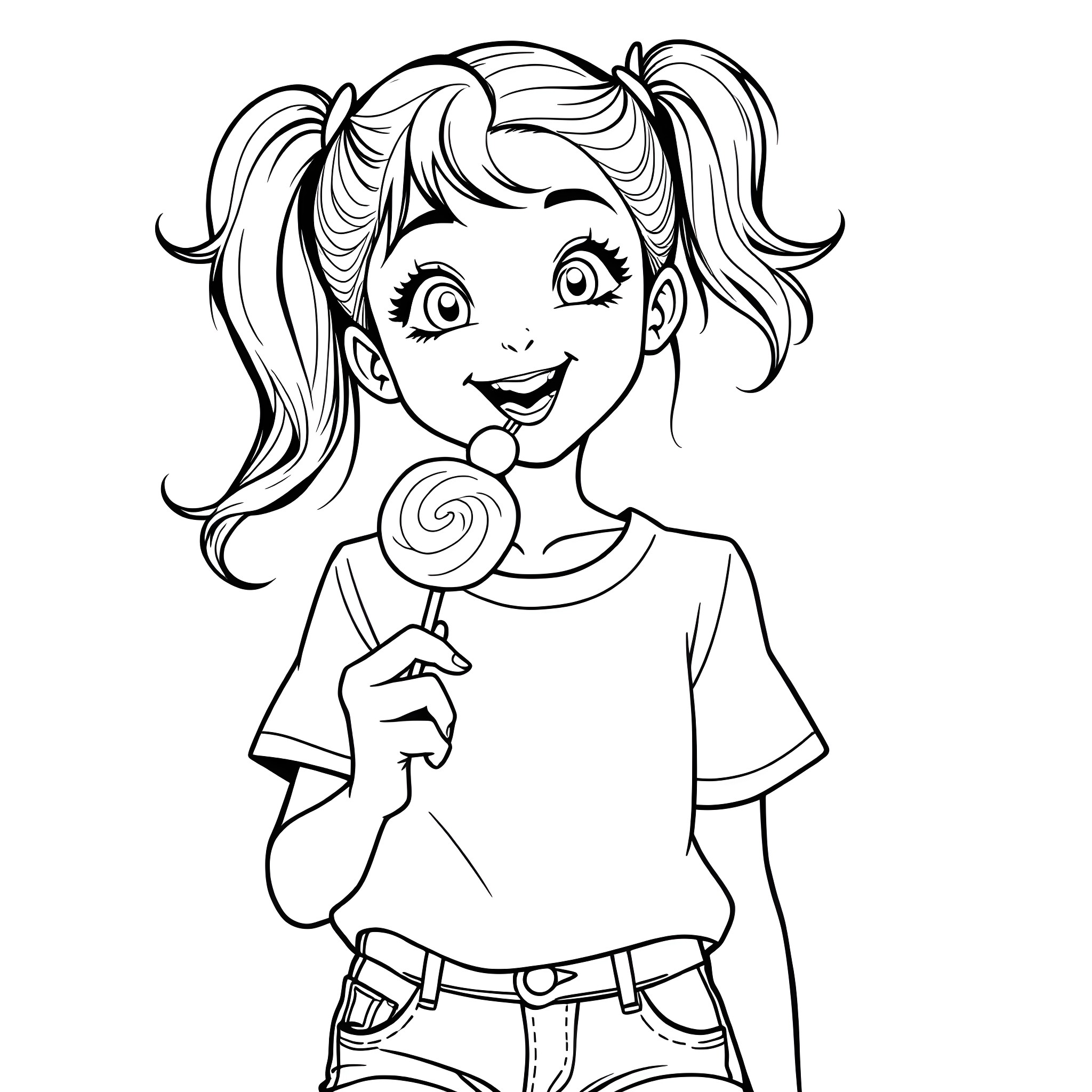Girl happily enjoying a lollipop Coloring Page (free black-and-white line drawing printable PDF for all, from beginners to advanced learners, including children, teens, adults, and seniors)