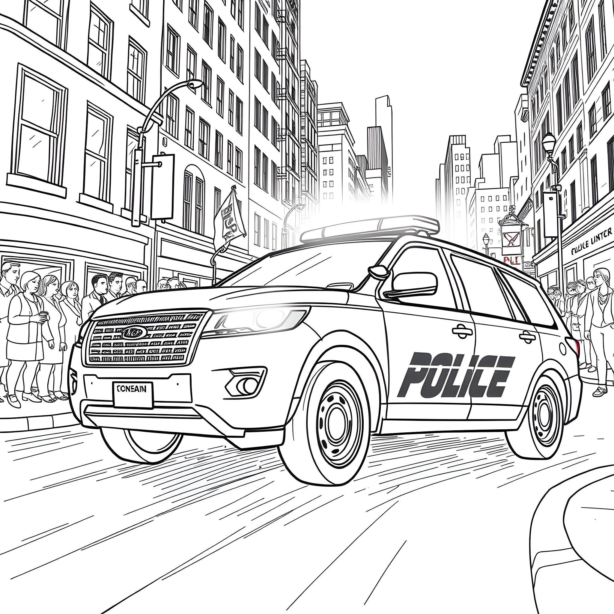 Police Responding to Call in Busy City Coloring Page (free black-and-white line drawing printable PDF for all, from beginners to advanced learners, including children, teens, adults, and seniors)