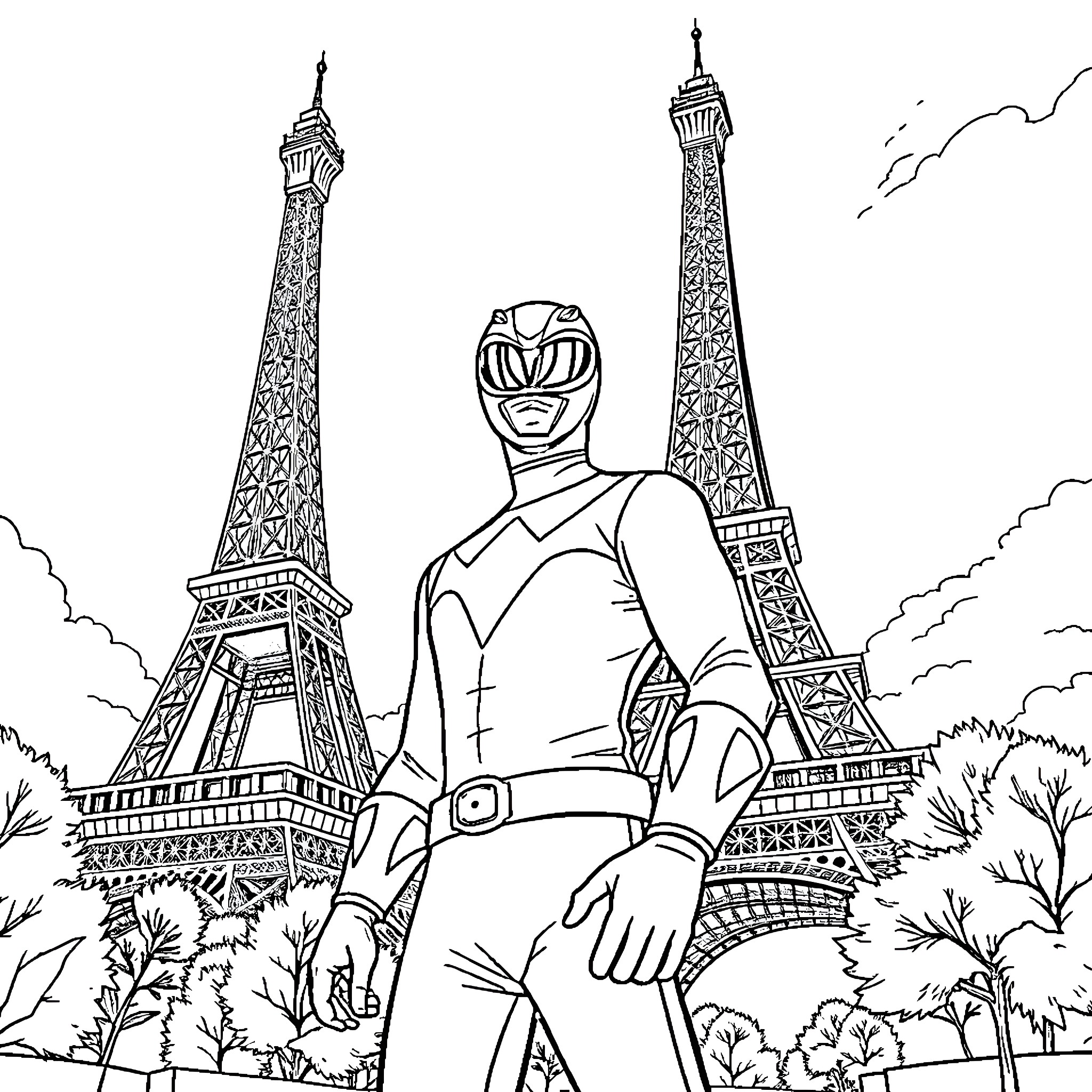 Ranger Stands Tall Beside Iconic Parisian Landmarks Coloring Page (free black-and-white line drawing printable PDF for all, from beginners to advanced learners, including children, teens, adults, and seniors)