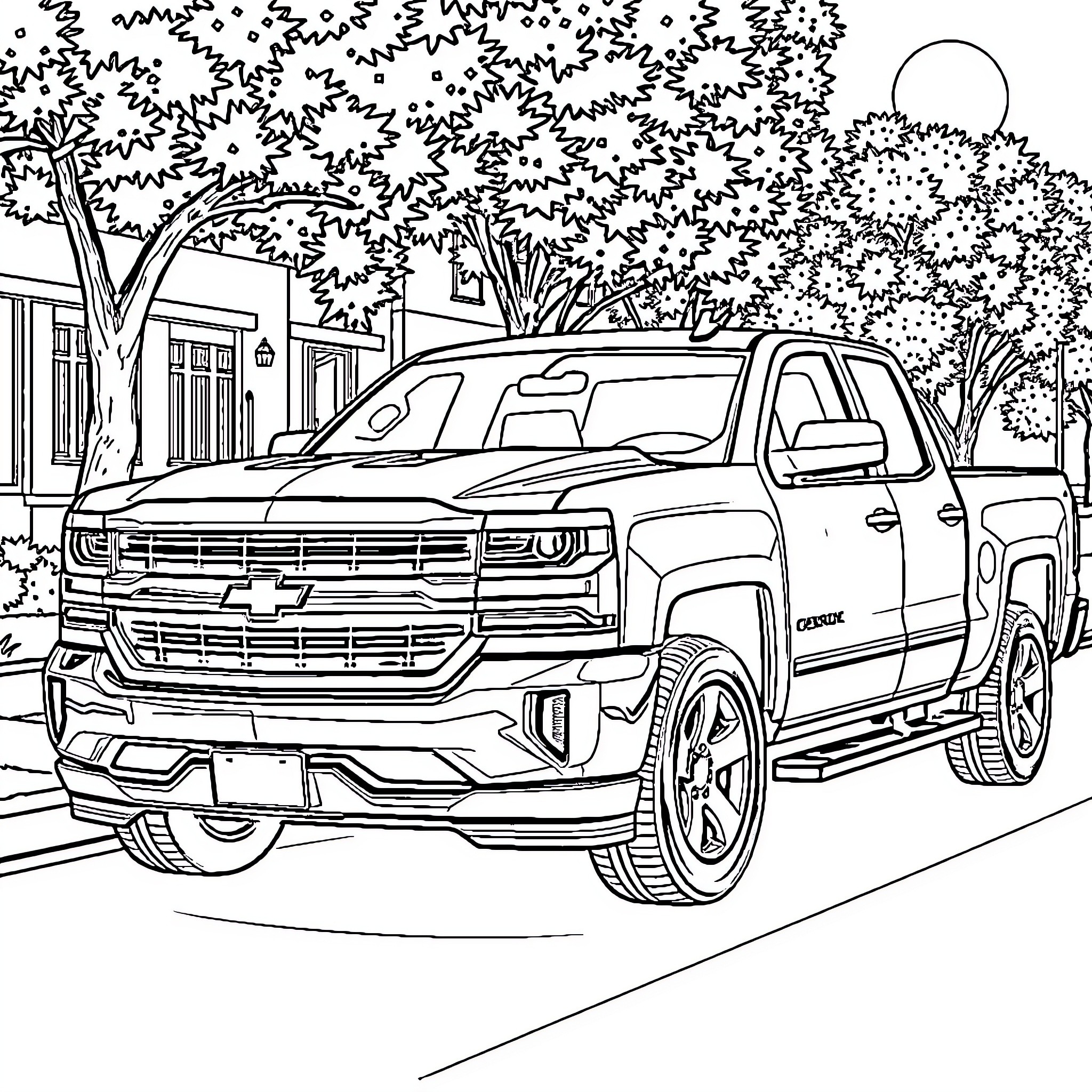 Silverado Pickup Truck on the Street Coloring Page (free black-and-white line drawing printable PDF for all, from beginners to advanced learners, including children, teens, adults, and seniors)