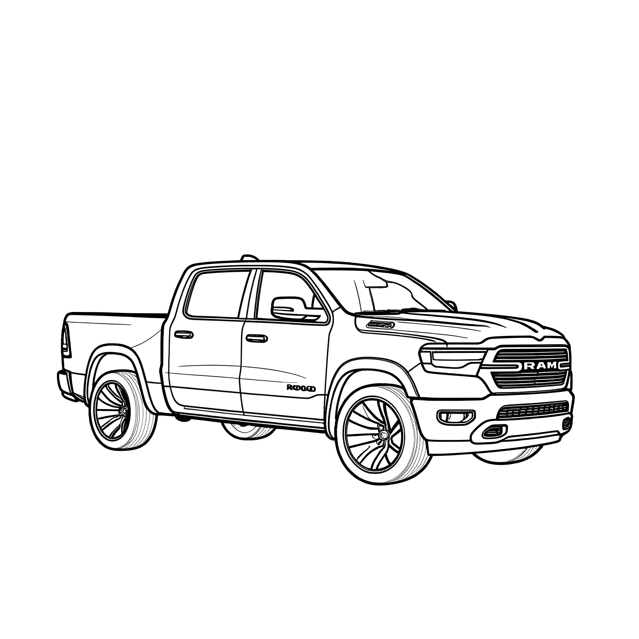 RAM 1500 Pickup Truck in Outline Illustration Coloring Page (free black-and-white line drawing printable PDF for all, from beginners to advanced learners, including children, teens, adults, and seniors)