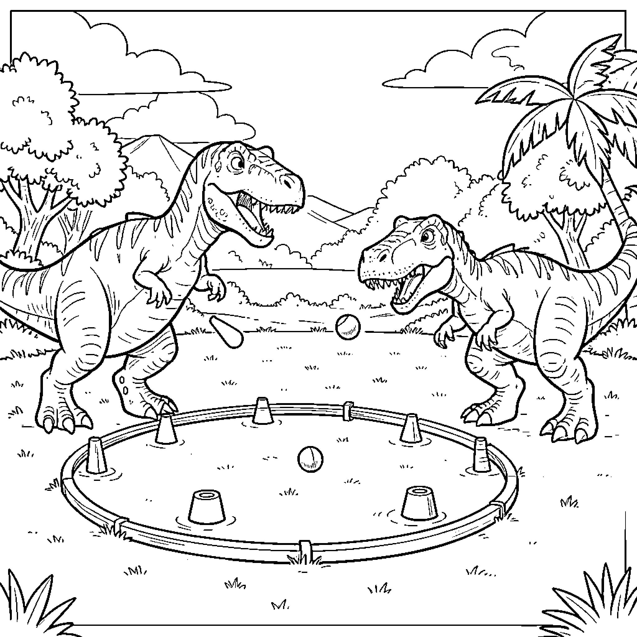 Dinosaur playing a game with balls in nature Coloring Page (free black-and-white line drawing printable PDF for all, from beginners to advanced learners, including children, teens, adults, and seniors)