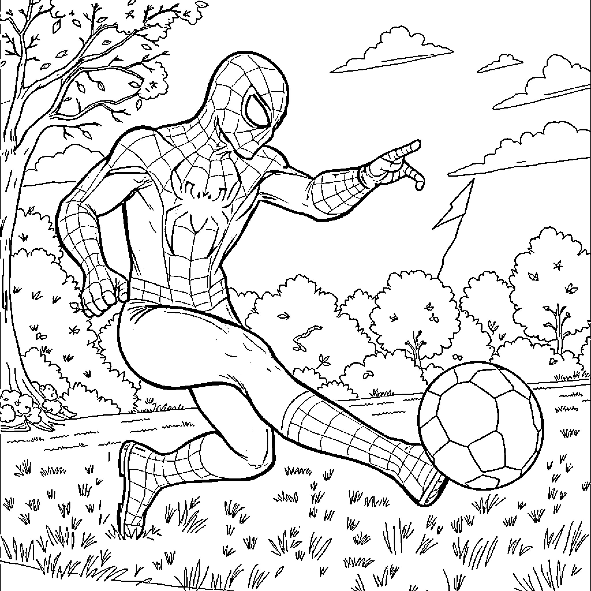 Spider-Man playing soccer in the park Coloring Page (free black-and-white line drawing printable PDF for all, from beginners to advanced learners, including children, teens, adults, and seniors)