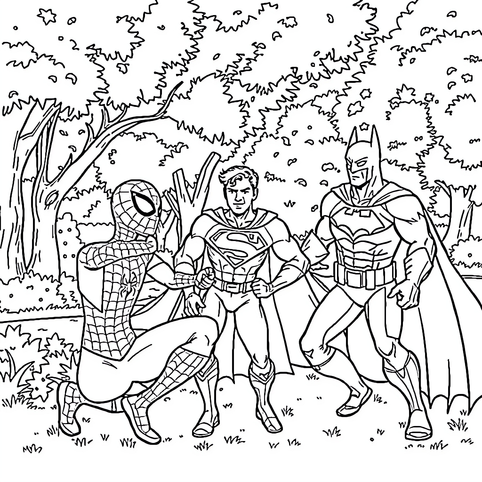 Superhero Team in Action Coloring Page (free black-and-white line drawing printable PDF for all, from beginners to advanced learners, including children, teens, adults, and seniors)