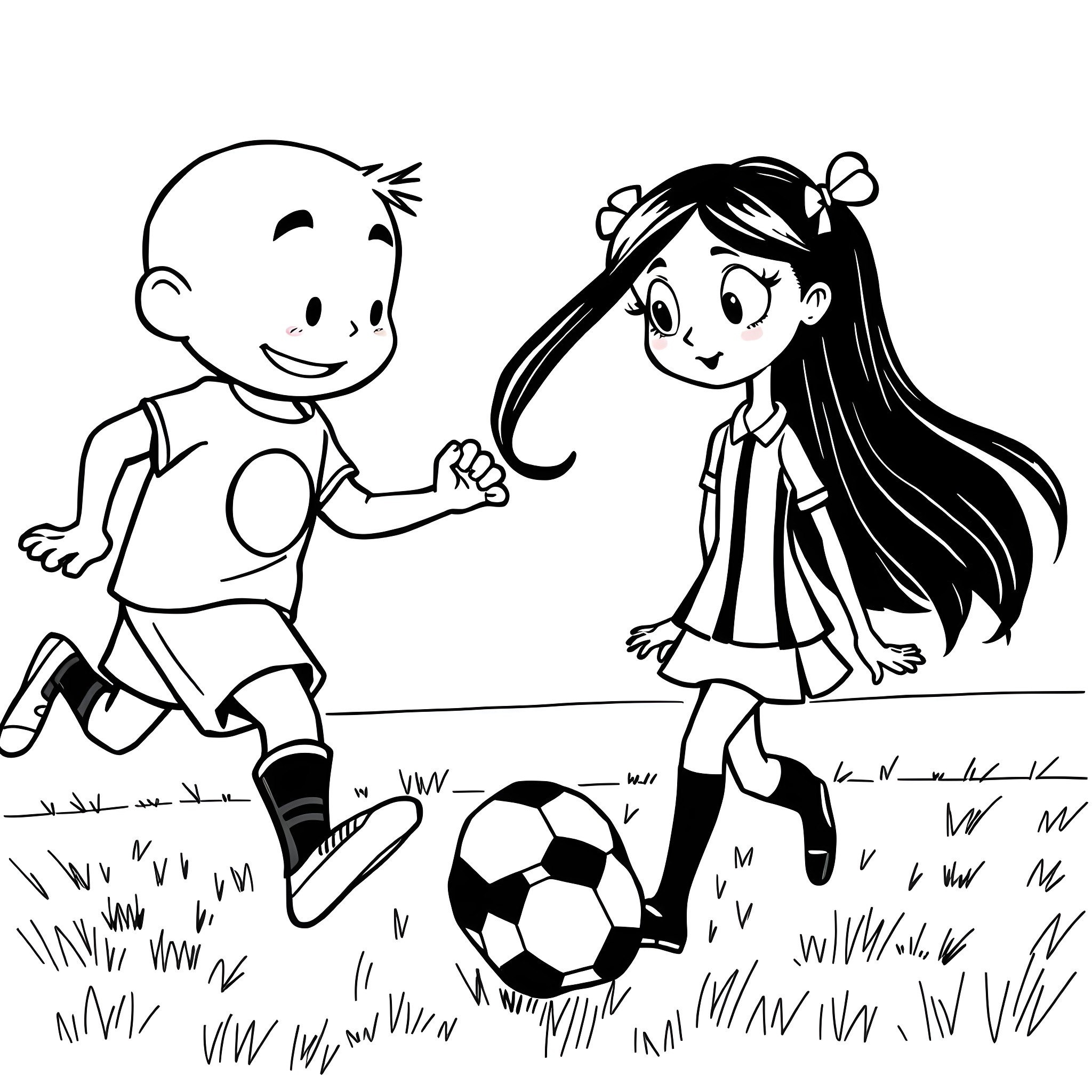 Bluey and friend playing soccer on grassy field Coloring Page (free black-and-white line drawing printable PDF for all, from beginners to advanced learners, including children, teens, adults, and seniors)