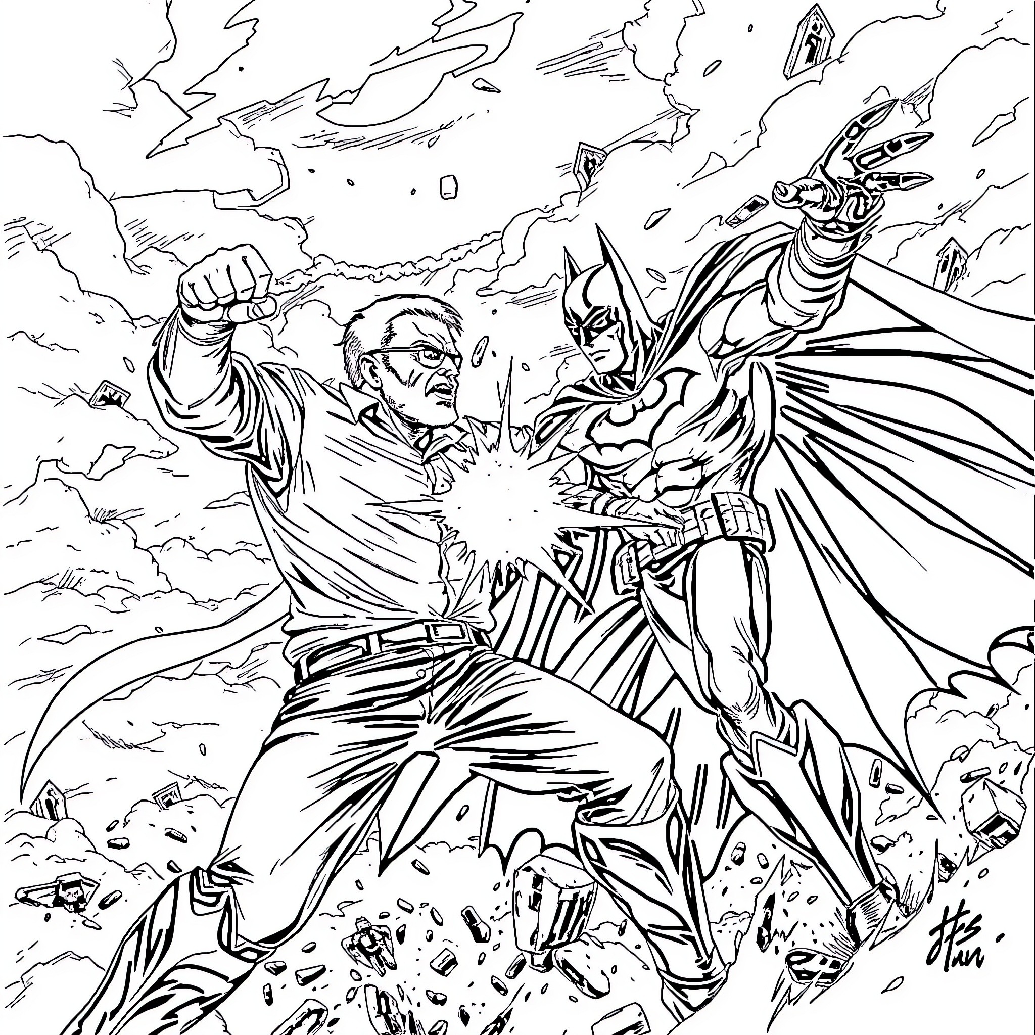 Walter White's Explosive Encounter with the Dark Knight Coloring Page (free black-and-white line drawing printable PDF for all, from beginners to advanced learners, including children, teens, adults, and seniors)