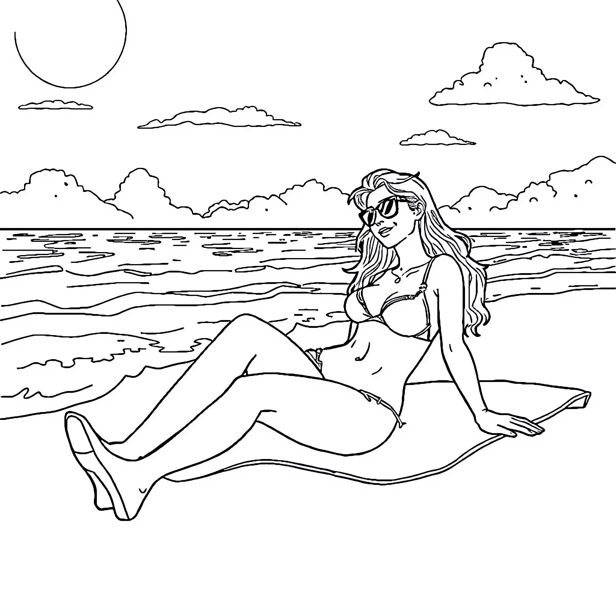 Serlena relaxing on the beach Coloring Page (free black-and-white line drawing printable PDF for all, from beginners to advanced learners, including children, teens, adults, and seniors)