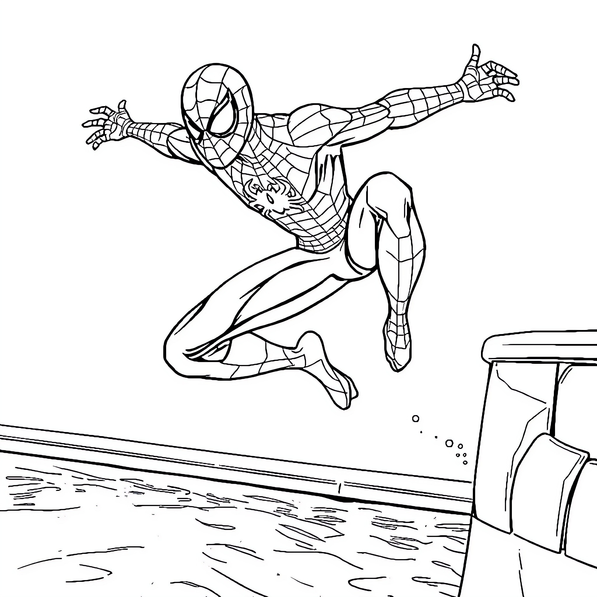 Spiderman leaping into action in cityscape Coloring Page (free black-and-white line drawing printable PDF for all, from beginners to advanced learners, including children, teens, adults, and seniors)