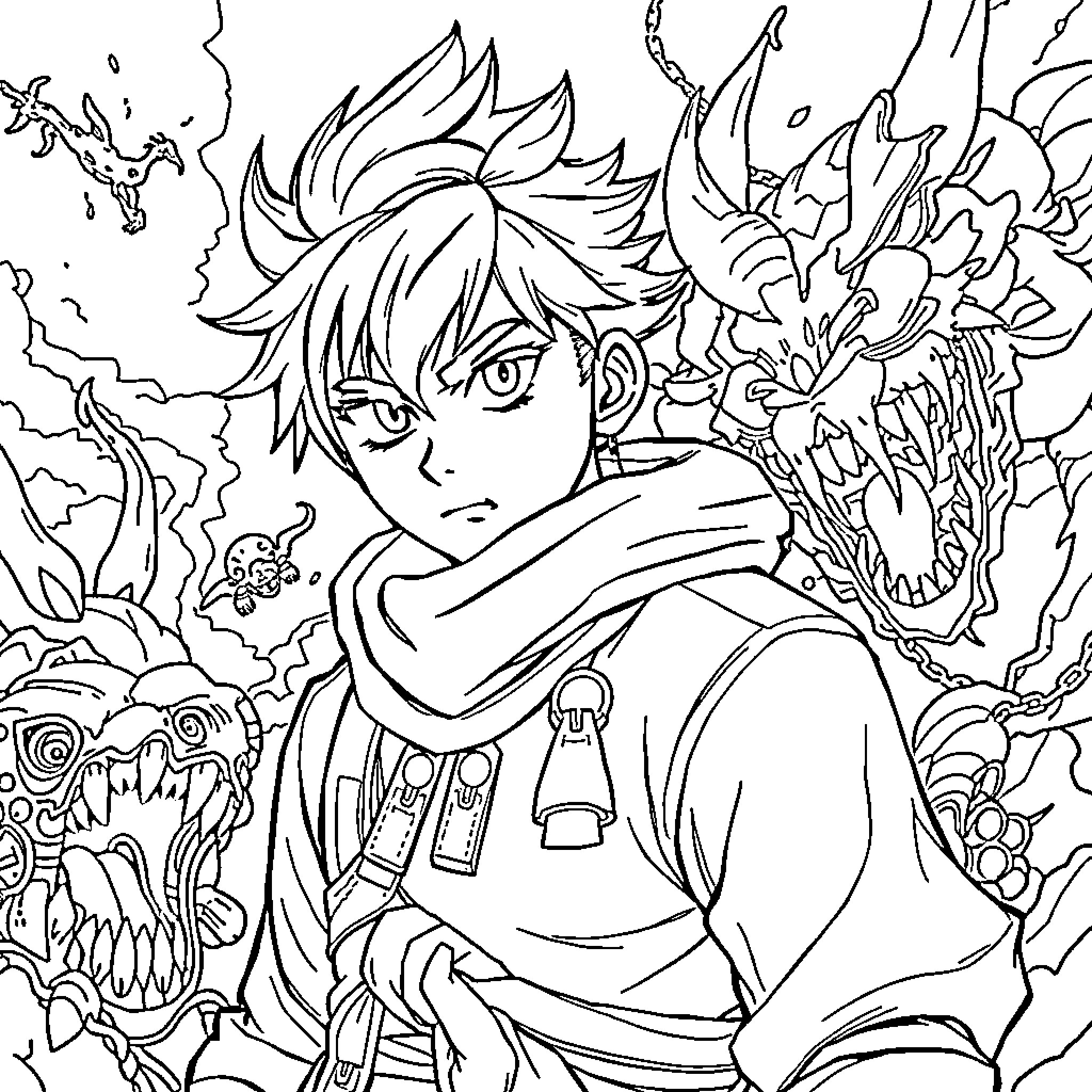 Jin Ho in a fantastical adventure Coloring Page (free black-and-white line drawing printable PDF for all, from beginners to advanced learners, including children, teens, adults, and seniors)