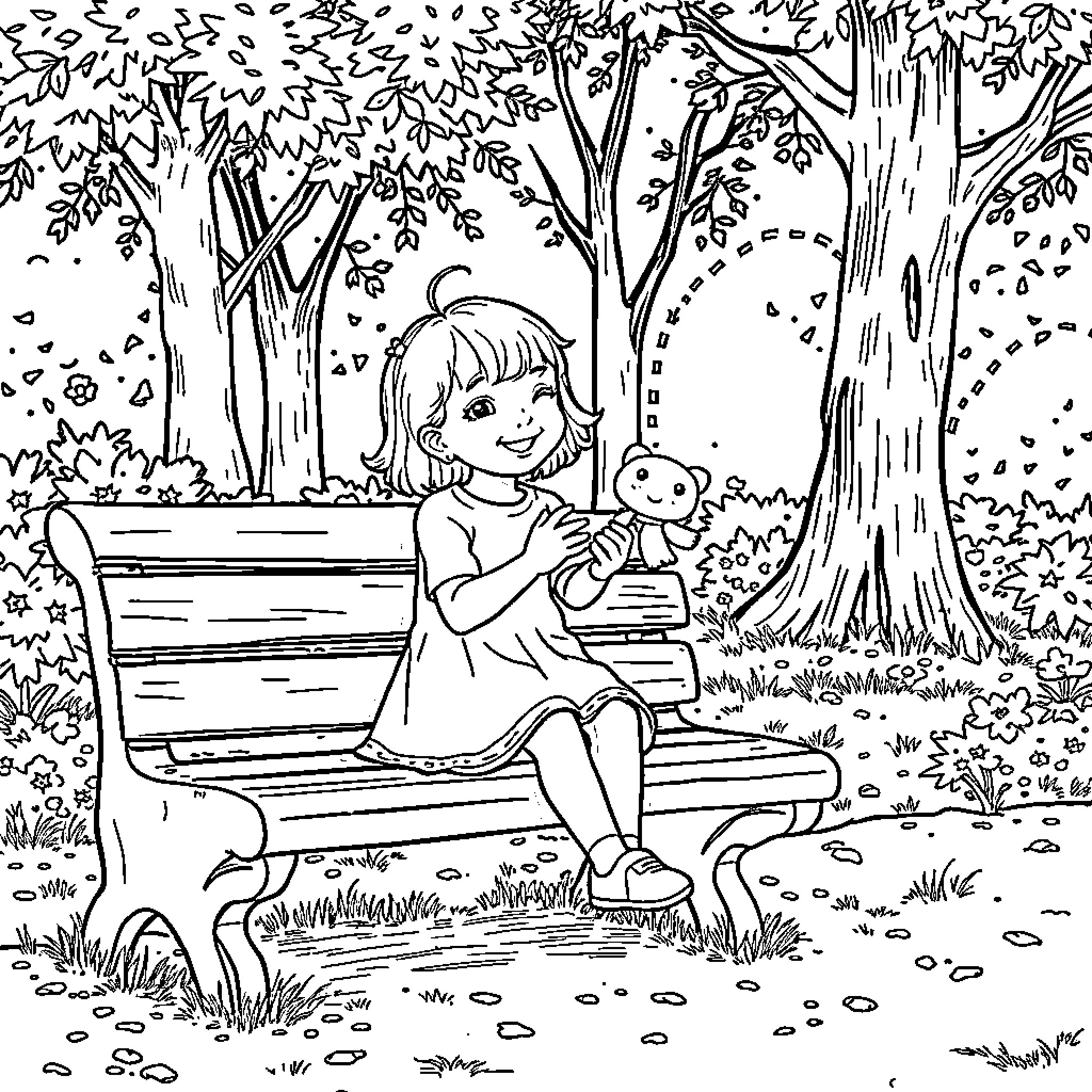 Girl reading a book on a park bench Coloring Page (free black-and-white line drawing printable PDF for all, from beginners to advanced learners, including children, teens, adults, and seniors)