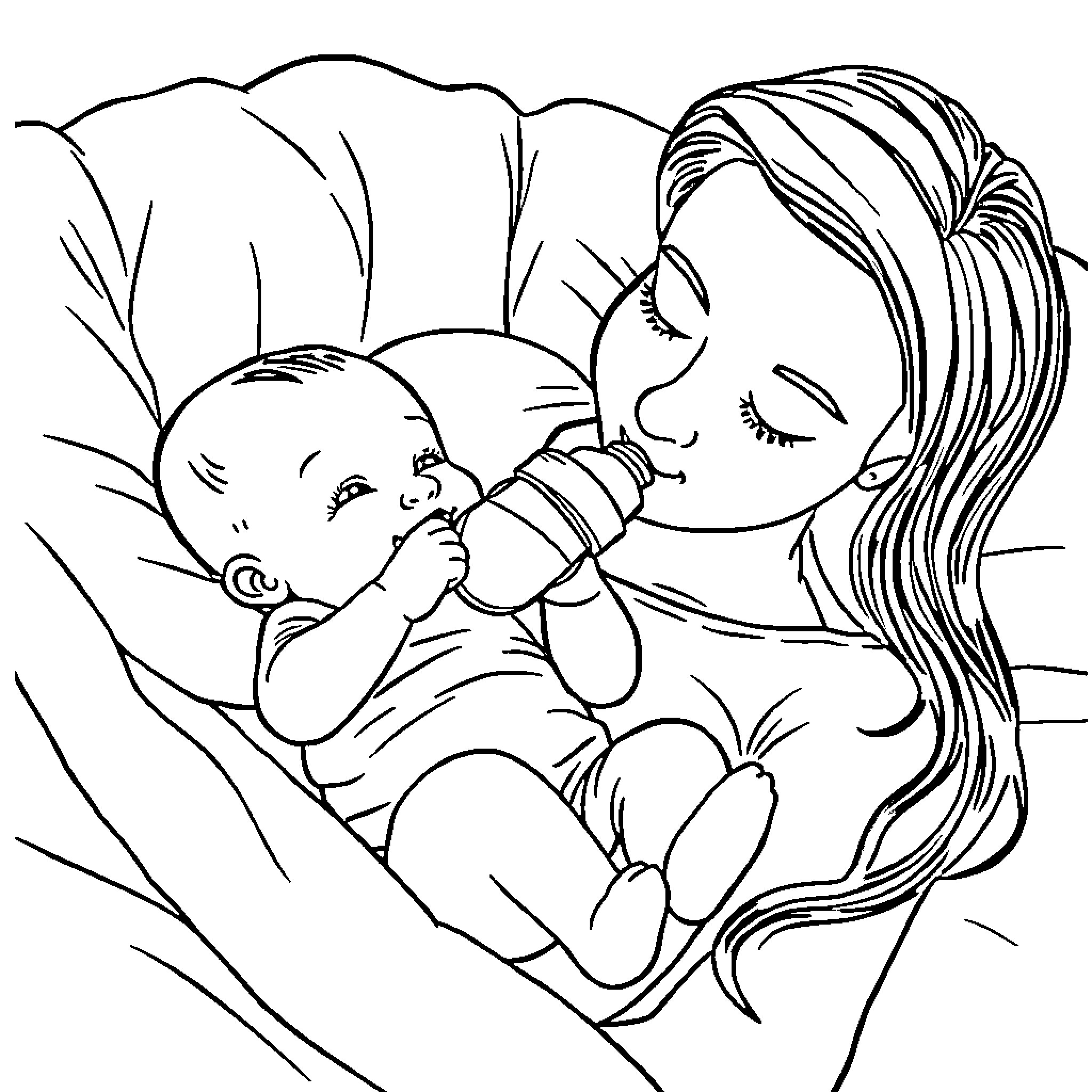 Baby Cuddling with Mother Affectionately Coloring Page (free black-and-white line drawing printable PDF for all, from beginners to advanced learners, including children, teens, adults, and seniors)