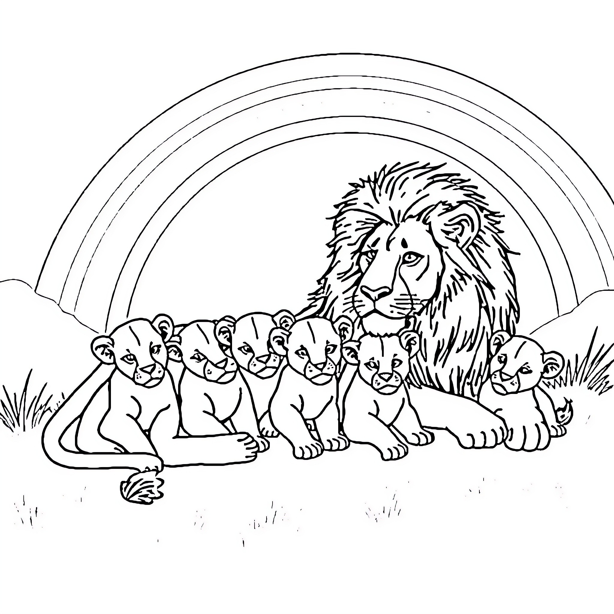 Lioness guiding her cubs through the grassland Coloring Page (free black-and-white line drawing printable PDF for all, from beginners to advanced learners, including children, teens, adults, and seniors)