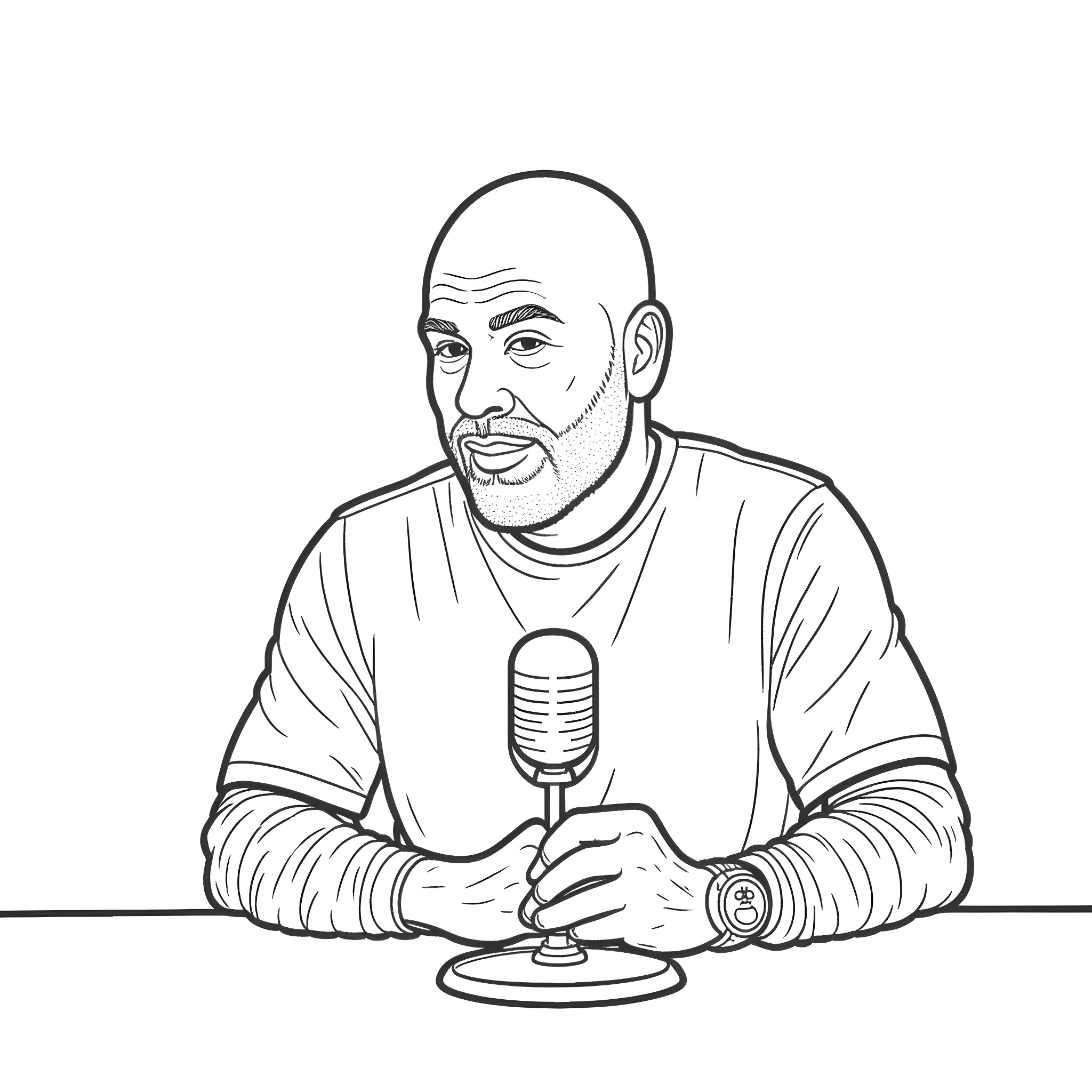 Joe Rogan hosting a podcast with microphone Coloring Page (free black-and-white line drawing printable PDF for all, from beginners to advanced learners, including children, teens, adults, and seniors)
