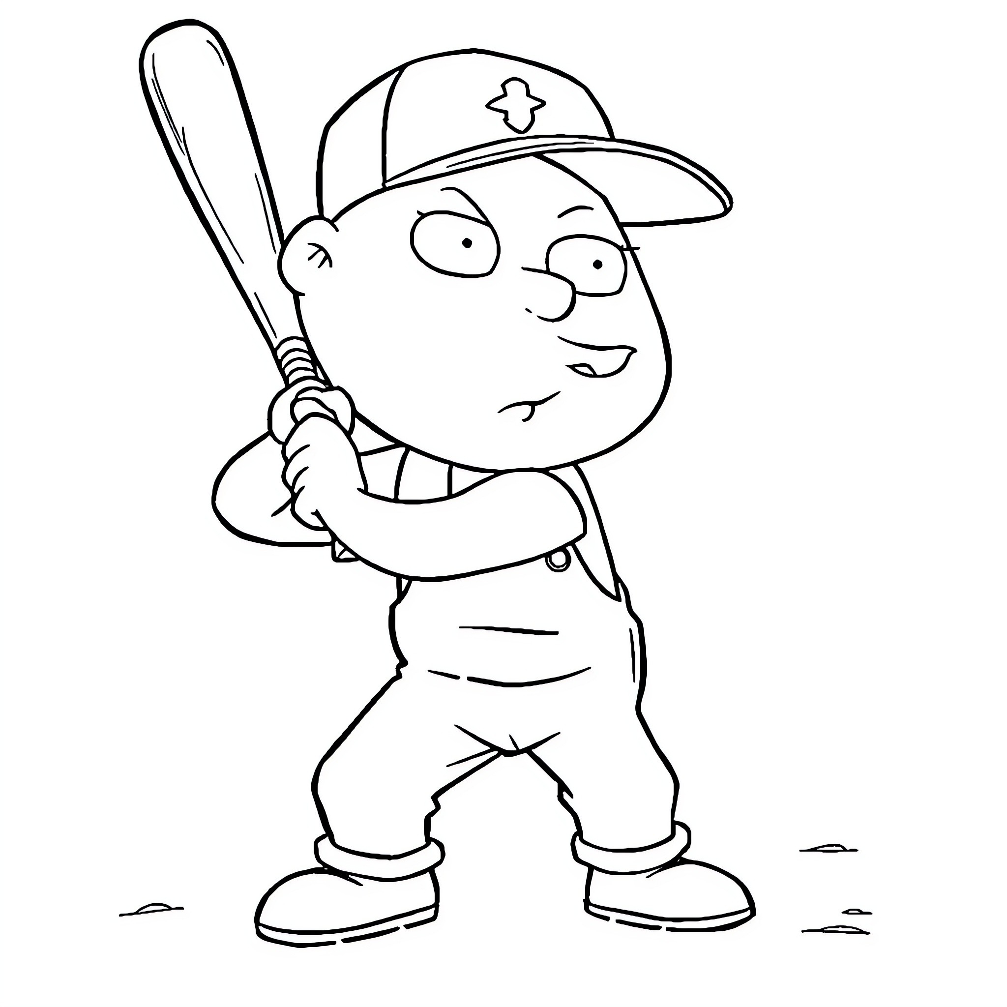 Stewie Griffin playing baseball in uniform Coloring Page (free black-and-white line drawing printable PDF for all, from beginners to advanced learners, including children, teens, adults, and seniors)