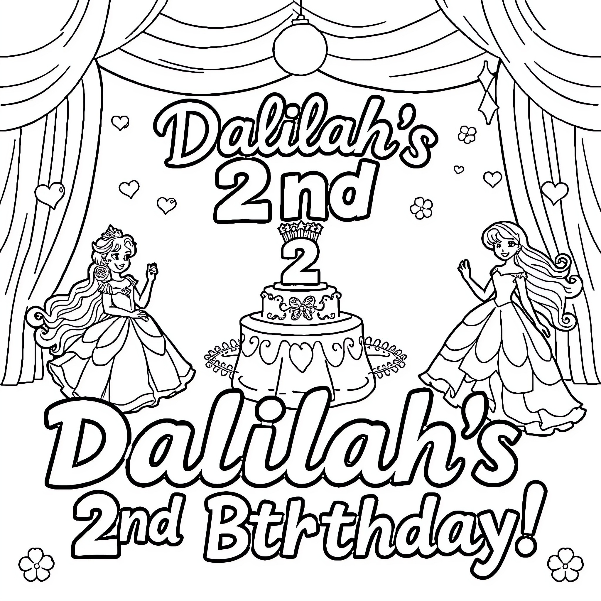 Princess Celebrates 2nd Birthday with Cake and Friends Coloring Page (free black-and-white line drawing printable PDF for all, from beginners to advanced learners, including children, teens, adults, and seniors)