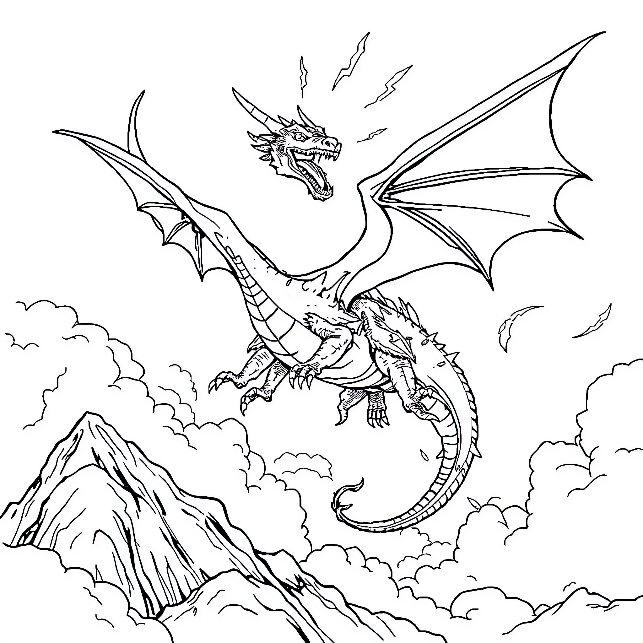 Ender Dragon Soaring Above Clouded Mountain Peaks Coloring Page (free black-and-white line drawing printable PDF for all, from beginners to advanced learners, including children, teens, adults, and seniors)