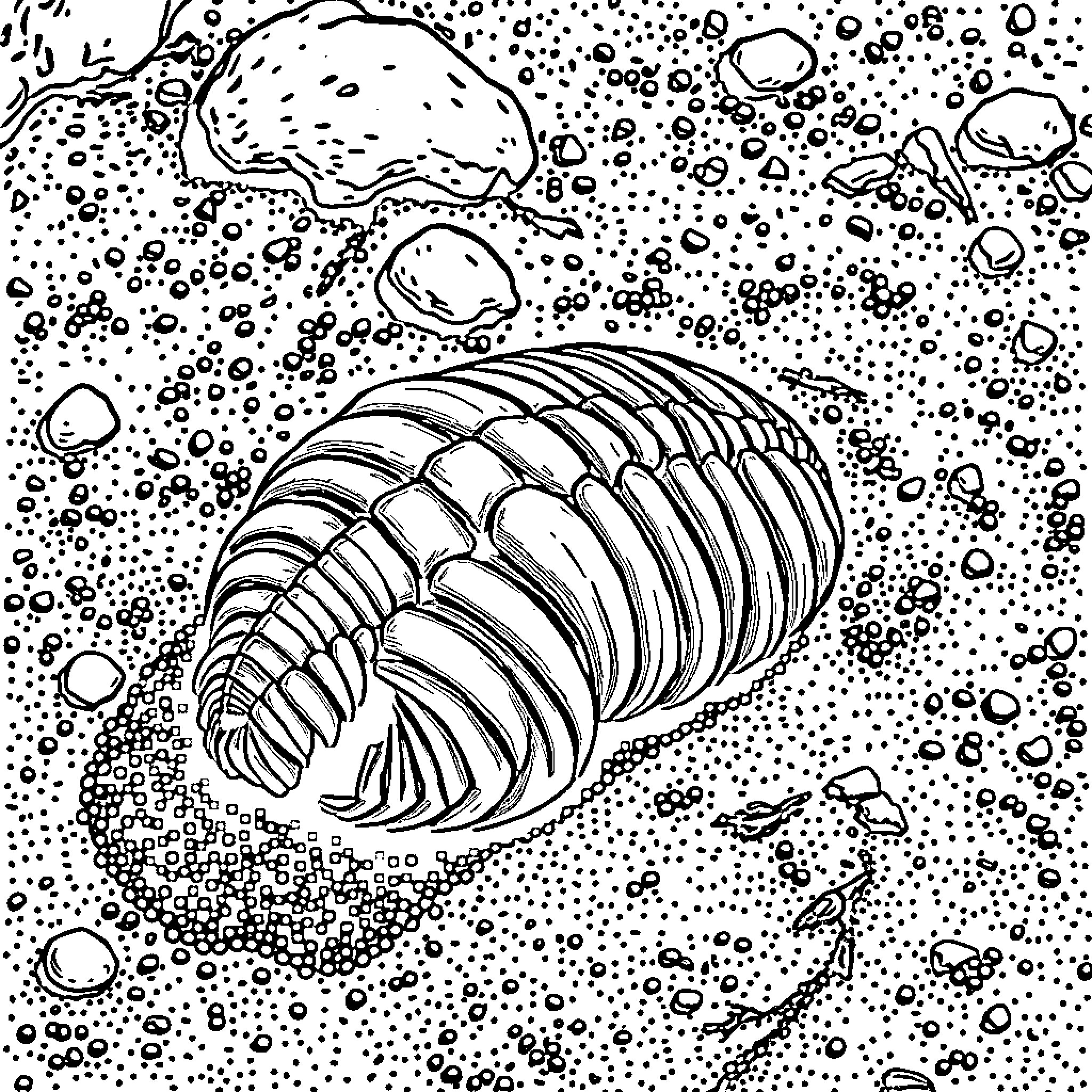 Trilobite fossil in the ancient seabed Coloring Page (free black-and-white line drawing printable PDF for all, from beginners to advanced learners, including children, teens, adults, and seniors)