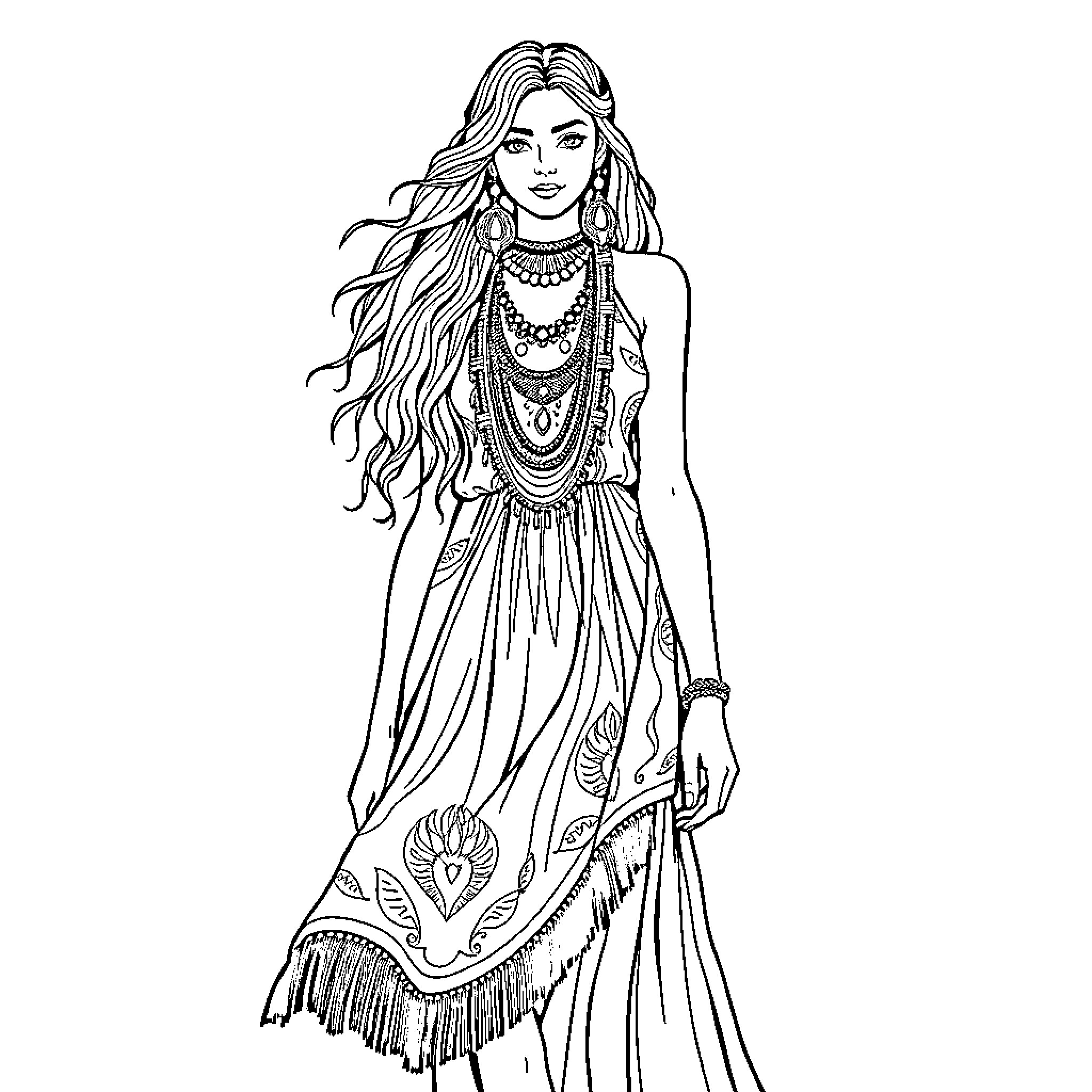 Boho Woman in Elegant Bohemian Attire Coloring Page (free black-and-white line drawing printable PDF for all, from beginners to advanced learners, including children, teens, adults, and seniors)