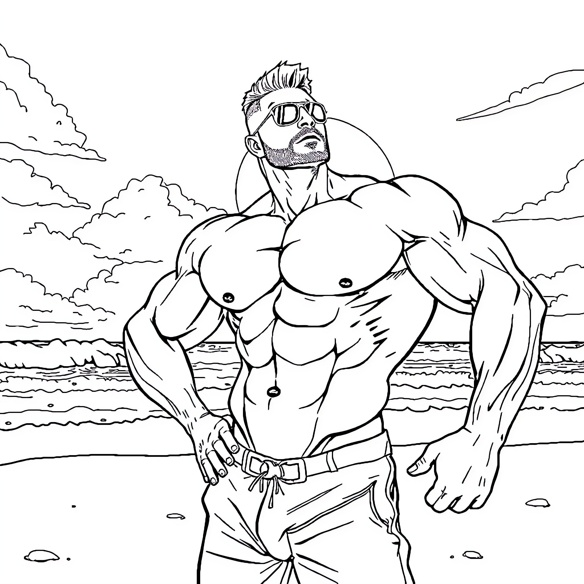 Bodybuilder striking a heroic pose on the beach Coloring Page (free black-and-white line drawing printable PDF for all, from beginners to advanced learners, including children, teens, adults, and seniors)