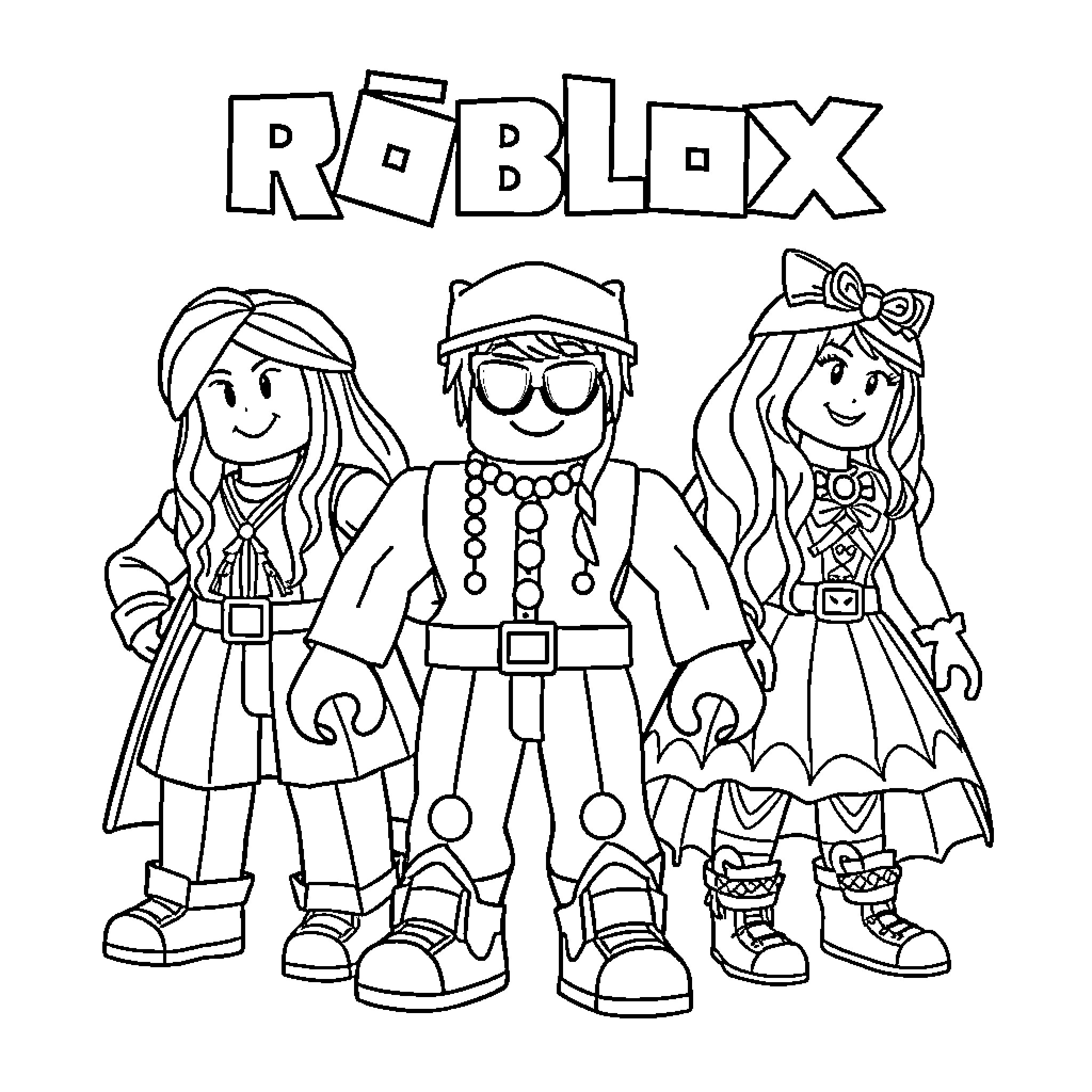 Roblox characters in various outfits and poses Coloring Page (free black-and-white line drawing printable PDF for all, from beginners to advanced learners, including children, teens, adults, and seniors)