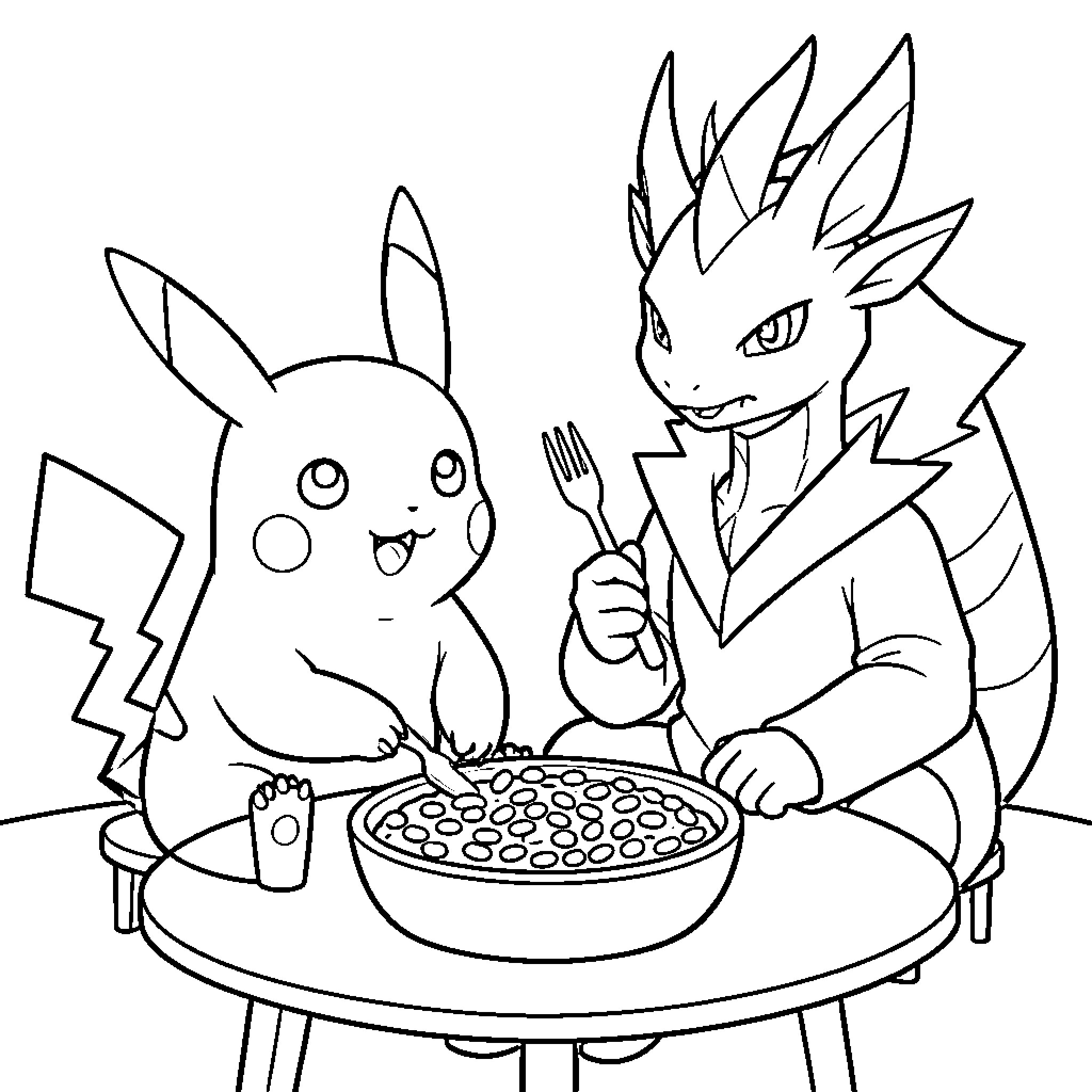 Pikachu and Charizard sharing a bowl of snacks Coloring Page (free black-and-white line drawing printable PDF for all, from beginners to advanced learners, including children, teens, adults, and seniors)