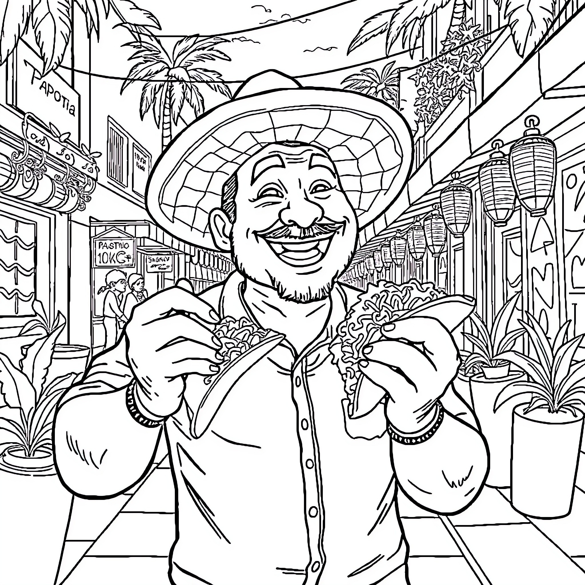 Tapatio man enjoying the vibrant street scene Coloring Page (free black-and-white line drawing printable PDF for all, from beginners to advanced learners, including children, teens, adults, and seniors)