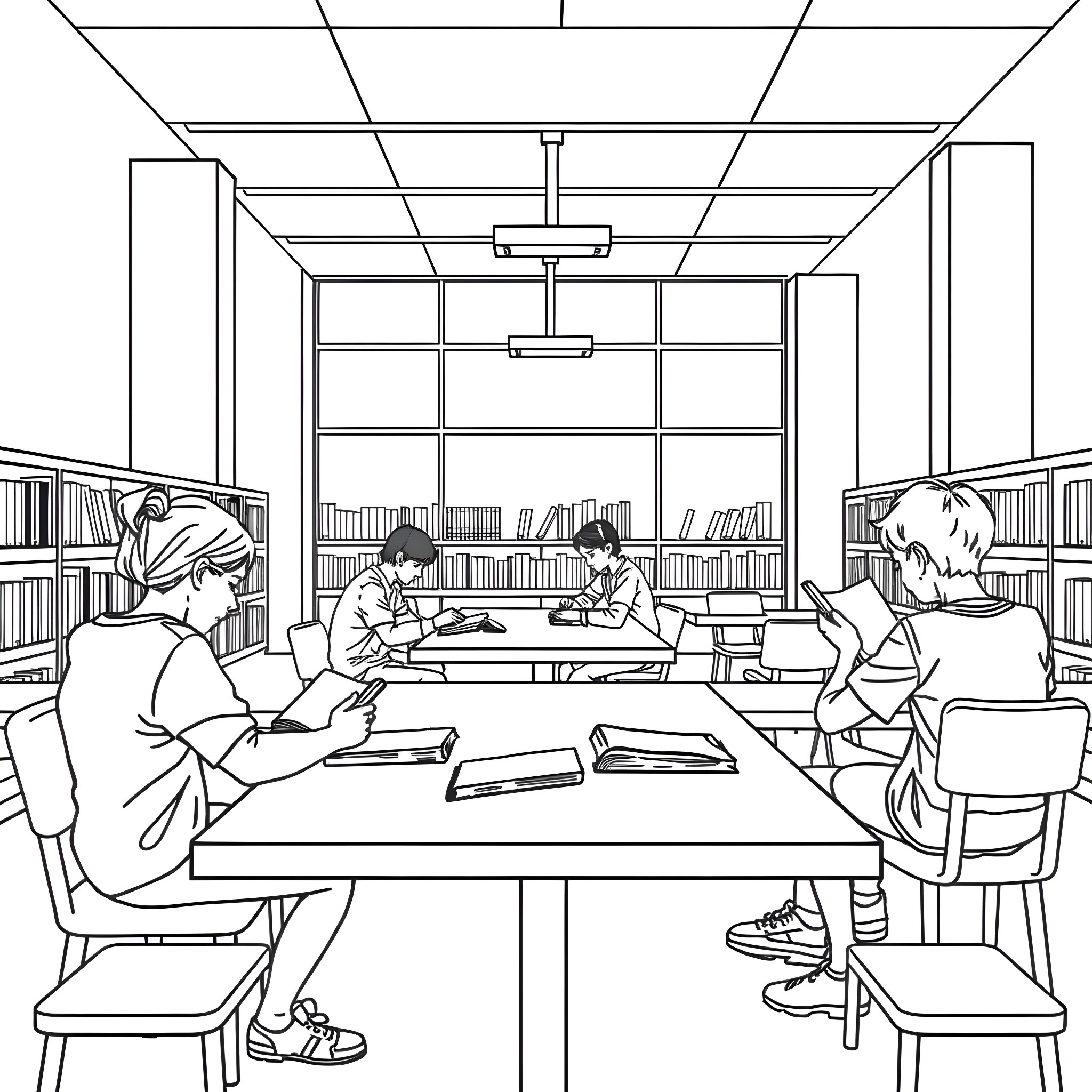 Teenagers studying diligently in a school library Coloring Page (free black-and-white line drawing printable PDF for all, from beginners to advanced learners, including children, teens, adults, and seniors)