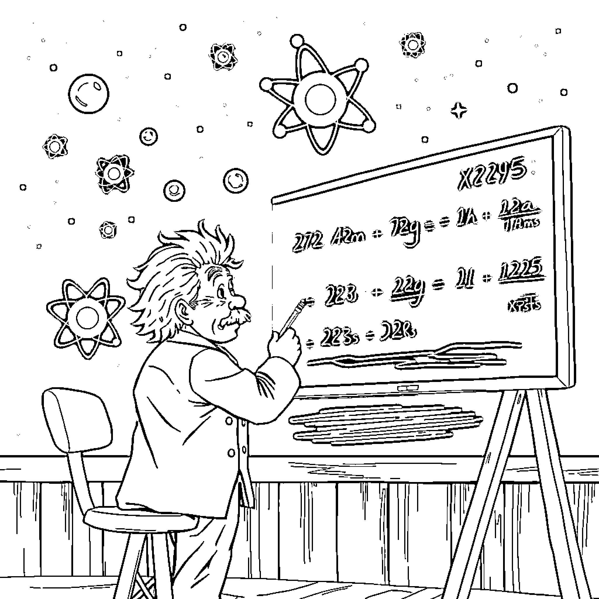 Atom solving complex mathematical equations on chalkboard Coloring Page (free black-and-white line drawing printable PDF for all, from beginners to advanced learners, including children, teens, adults, and seniors)