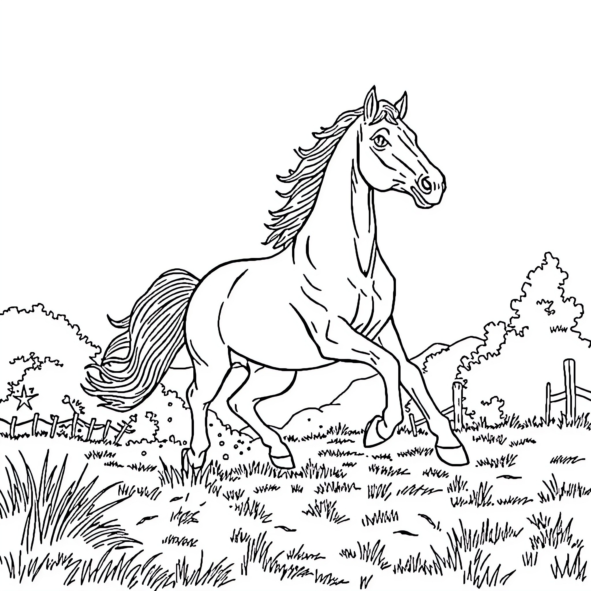 Horse galloping freely through a grassy field Coloring Page (free black-and-white line drawing printable PDF for all, from beginners to advanced learners, including children, teens, adults, and seniors)